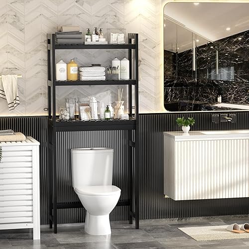 Miniatura 4 de Homykic Estante de almacenamiento sobre el inodoro, estante organizador de bambú de 3 niveles, estante estable independiente anti inclinación con 3