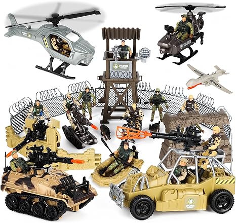 Army Toys, Kids Military Battle Playset with Army Men Action Figures, Army Vehicles, Tank, Truck, Boat, Motorcycle, Helicopter, Soldiers Weapons Accessories, Boys Great Military Gift Toy
