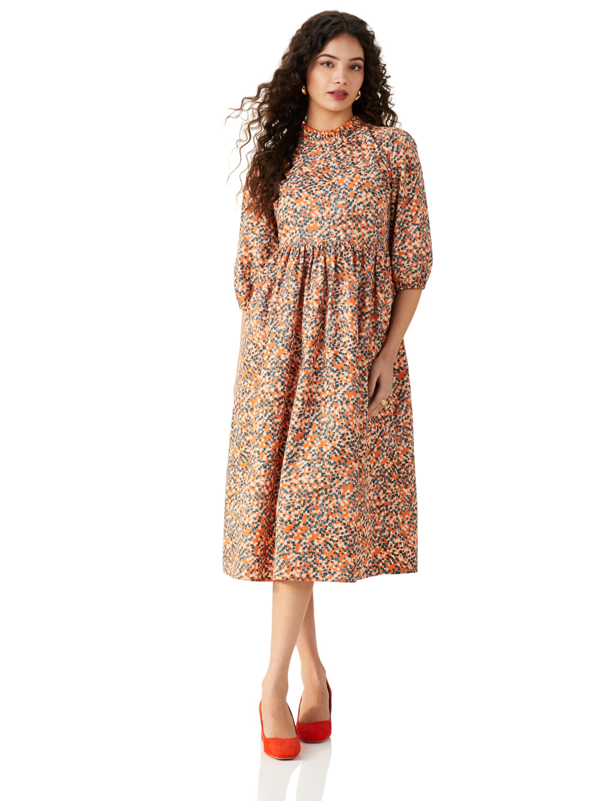amazon brand - symbol Women's Rayon Fit and Flare One Piece Midi Length Dress (Available in Plus Sizes)-picture-24
