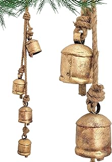 Carfar Rustic Style Bells Cluster Handmade Metal Harmony Christmas Hanging Cow Bells on Jute Rope