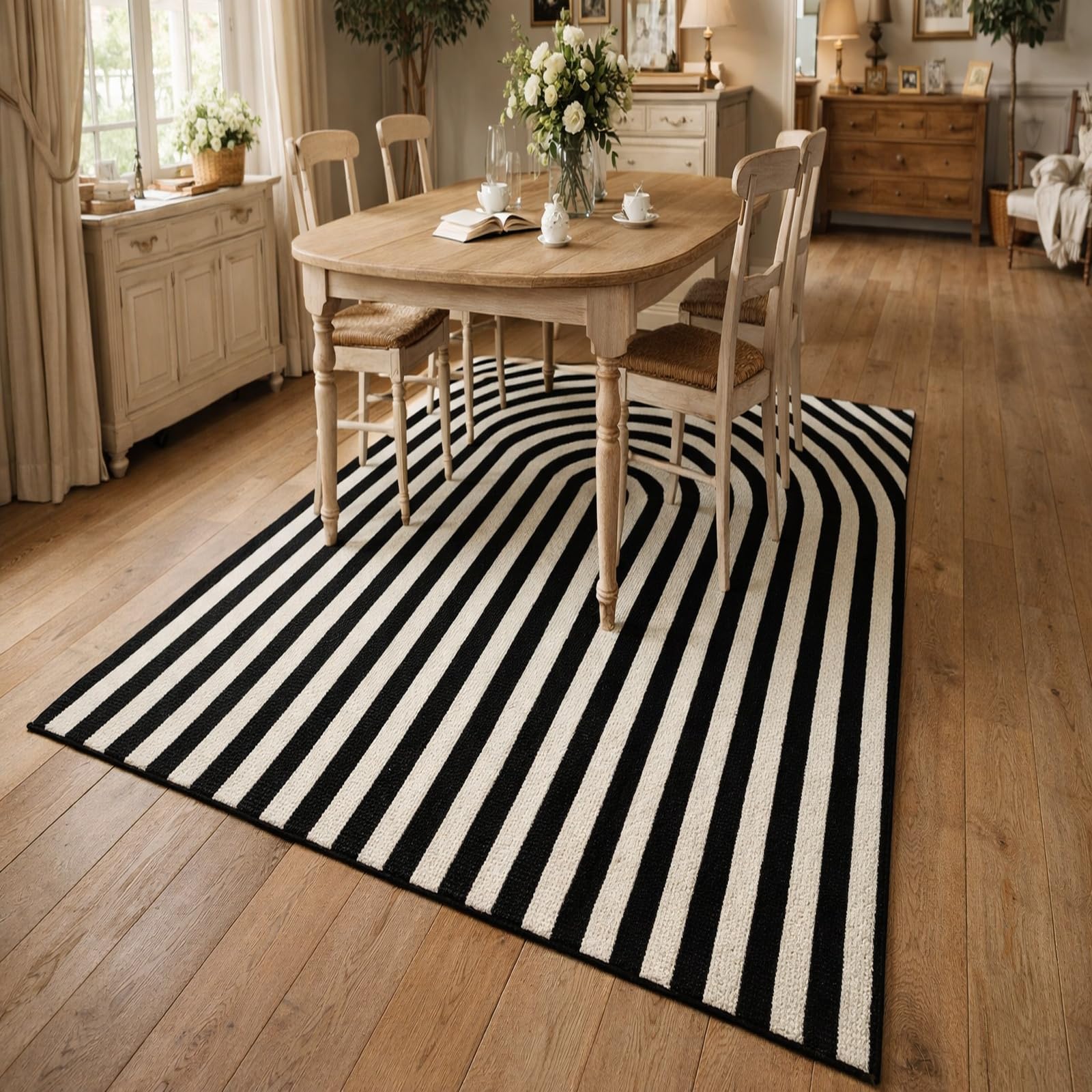 Tapis de zone salon abstrait géométrique noir et blanc rectangulaire 140x160cm pour intérieur