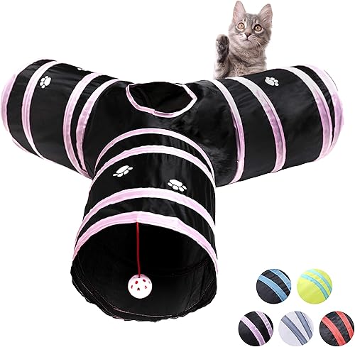 Túnel para gatos, tubo plegable con 1 juguete de pelota de juego, túneles de gato de 3 vías para gatos de interior, cachorros, gatitos, gatitos,