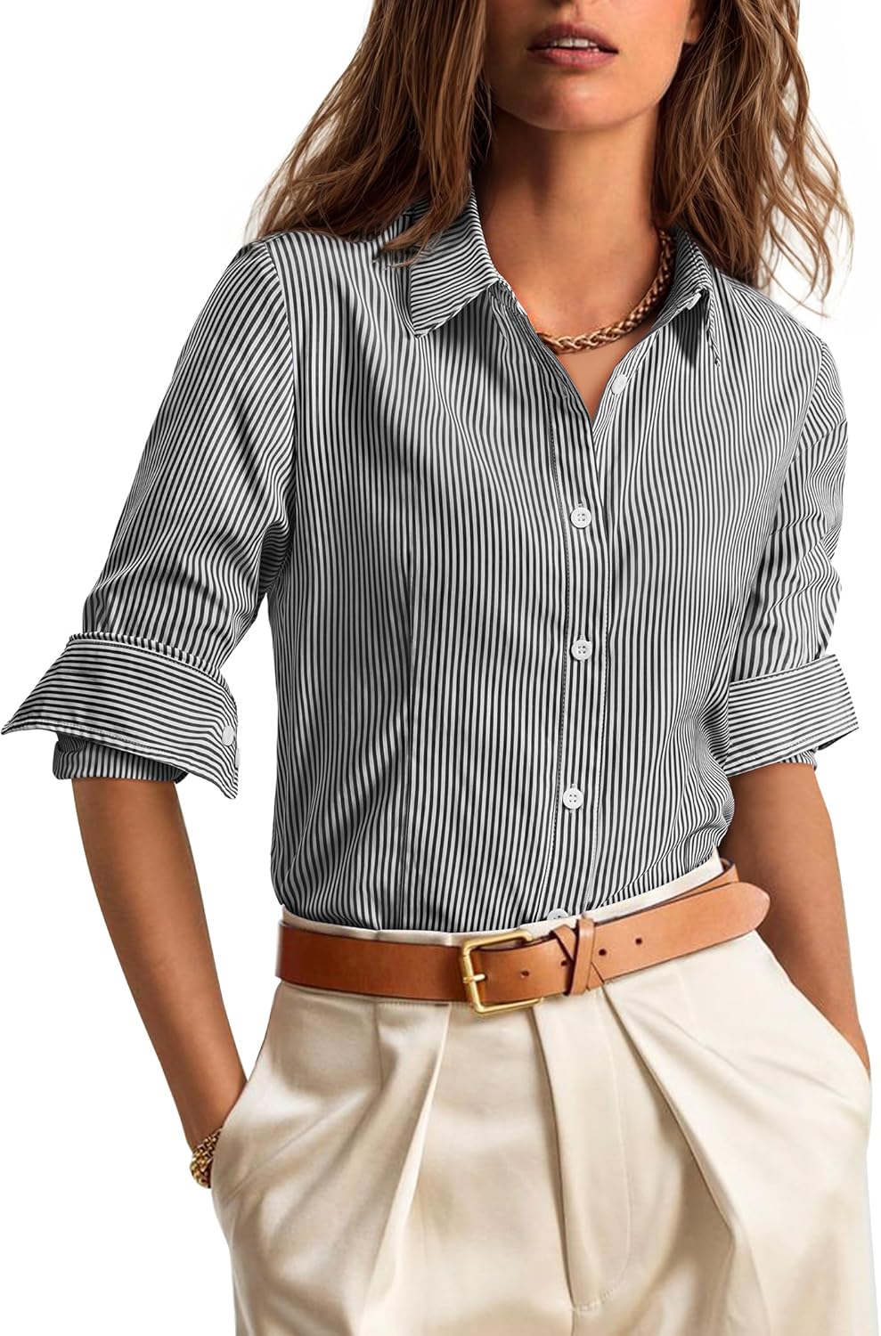 siliteelon Striped Button Down Shirts for Women Dress Shirts Long Sleeve Collared Casual Office Work Blouses Tops