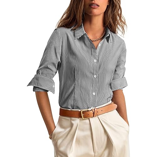 siliteelon Striped Button Down Shirts for Women Dress Shirts Long Sleeve Collared Casual Office Work Blouses Tops