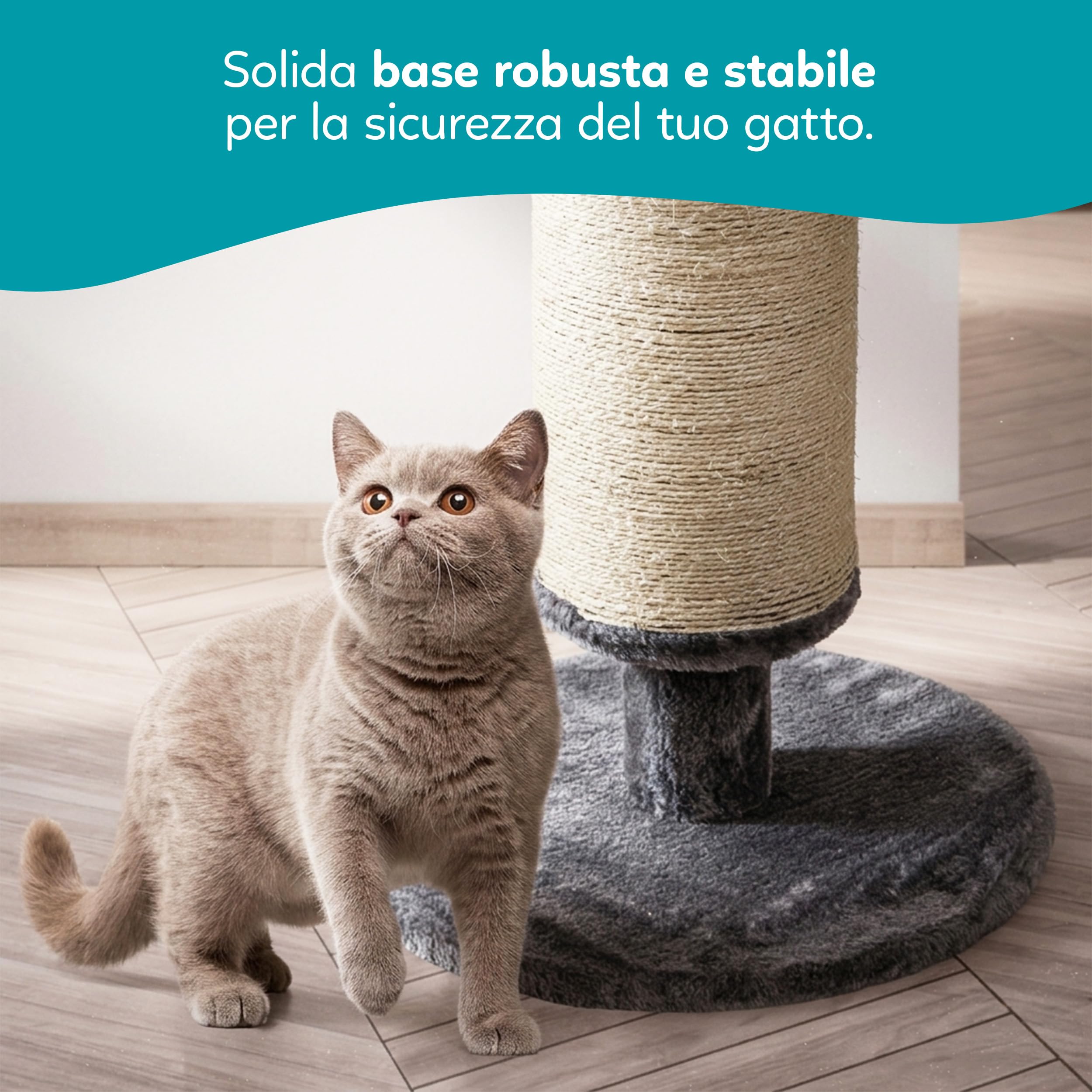 Aqpet Tiragraffi in Sisal e tessuto con piattaforma, Alto 58 cm per il massimo divertimento del tuo gatto, Colore Grigio
