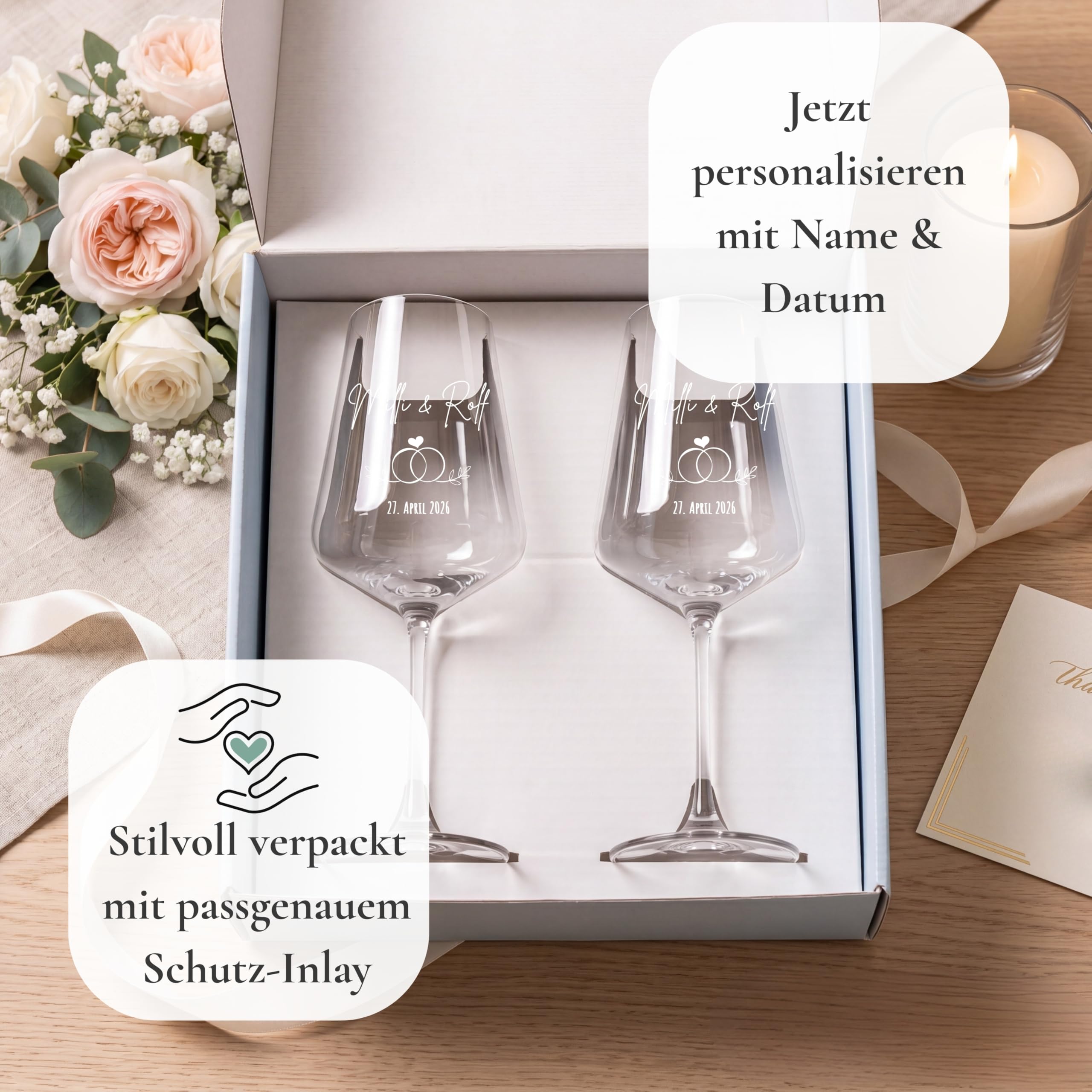 VILLA ROSA LOTTA - Weingläser mit Gravur 2er Set - personalisierte Geschenke Hochzeit, personalisierte Hochzeitsgeschenke mit Namen, graviertes Weinglas für Brautpaar