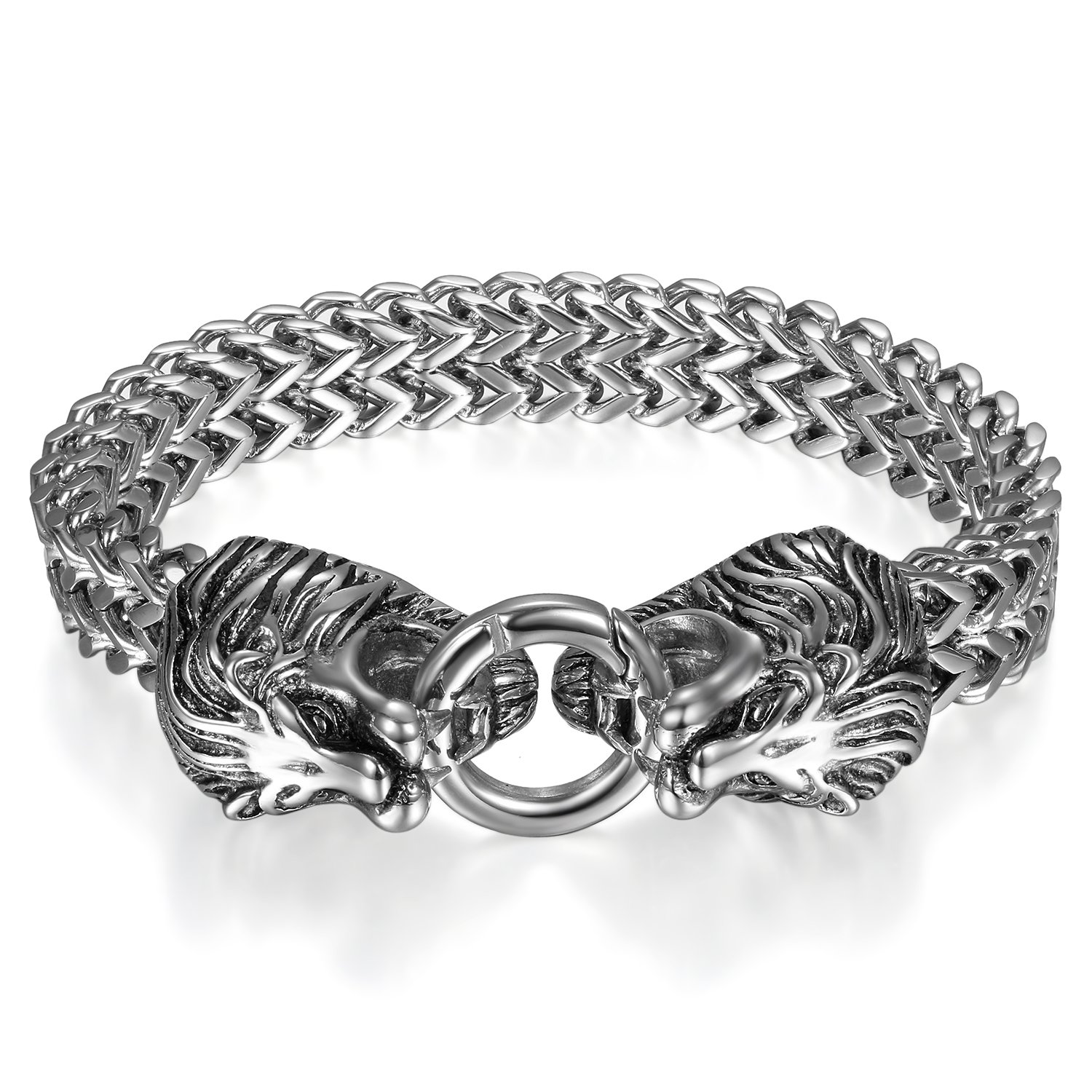 JewelryWe Schmuck Löwe Armband Herren Wikinger Gotik Löwen Kopf Panzerkette Königskette Armkette Edelstahl Biker Link Armreif Geschenk für Männer