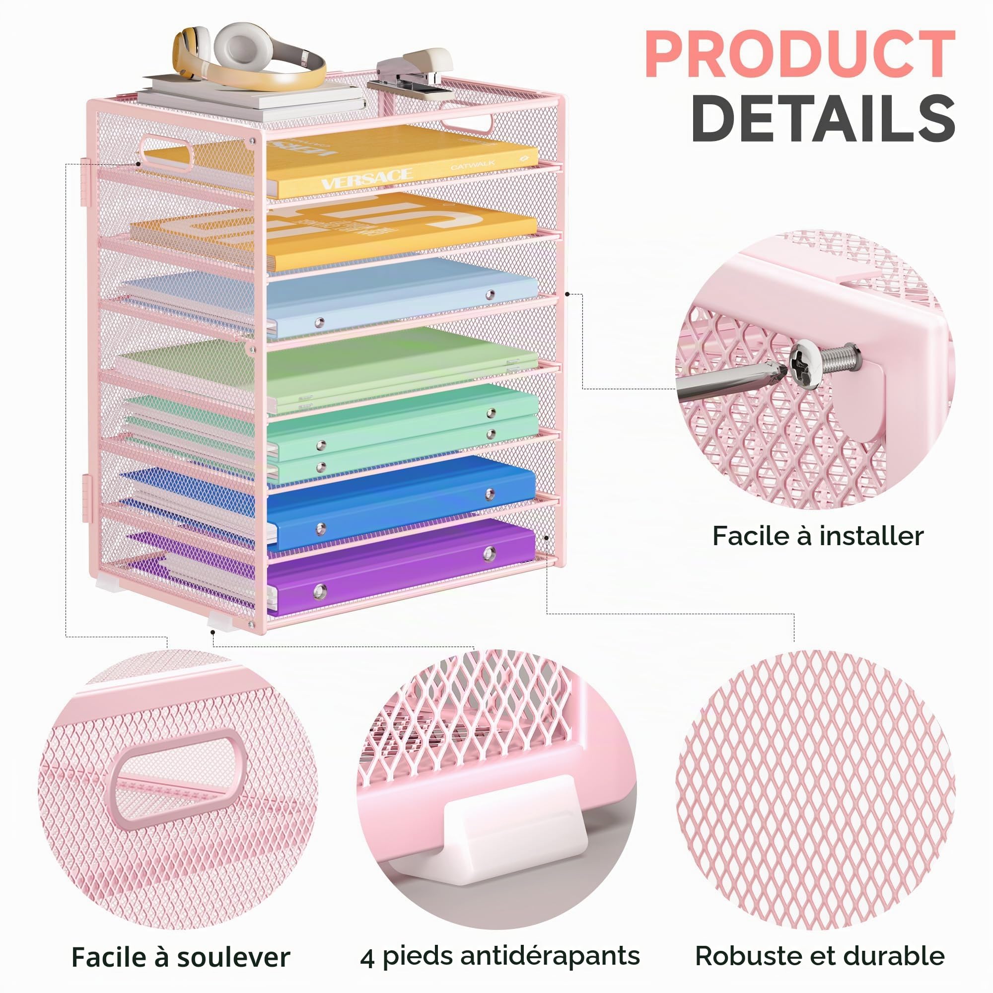 Marbrasse Organisateur de Bureau,8 Niveaux Papiers Rangement Courriers,Porte Documents A4 Empilable,Maille Métallique pour Classe,Maison,Bureau(Rose)