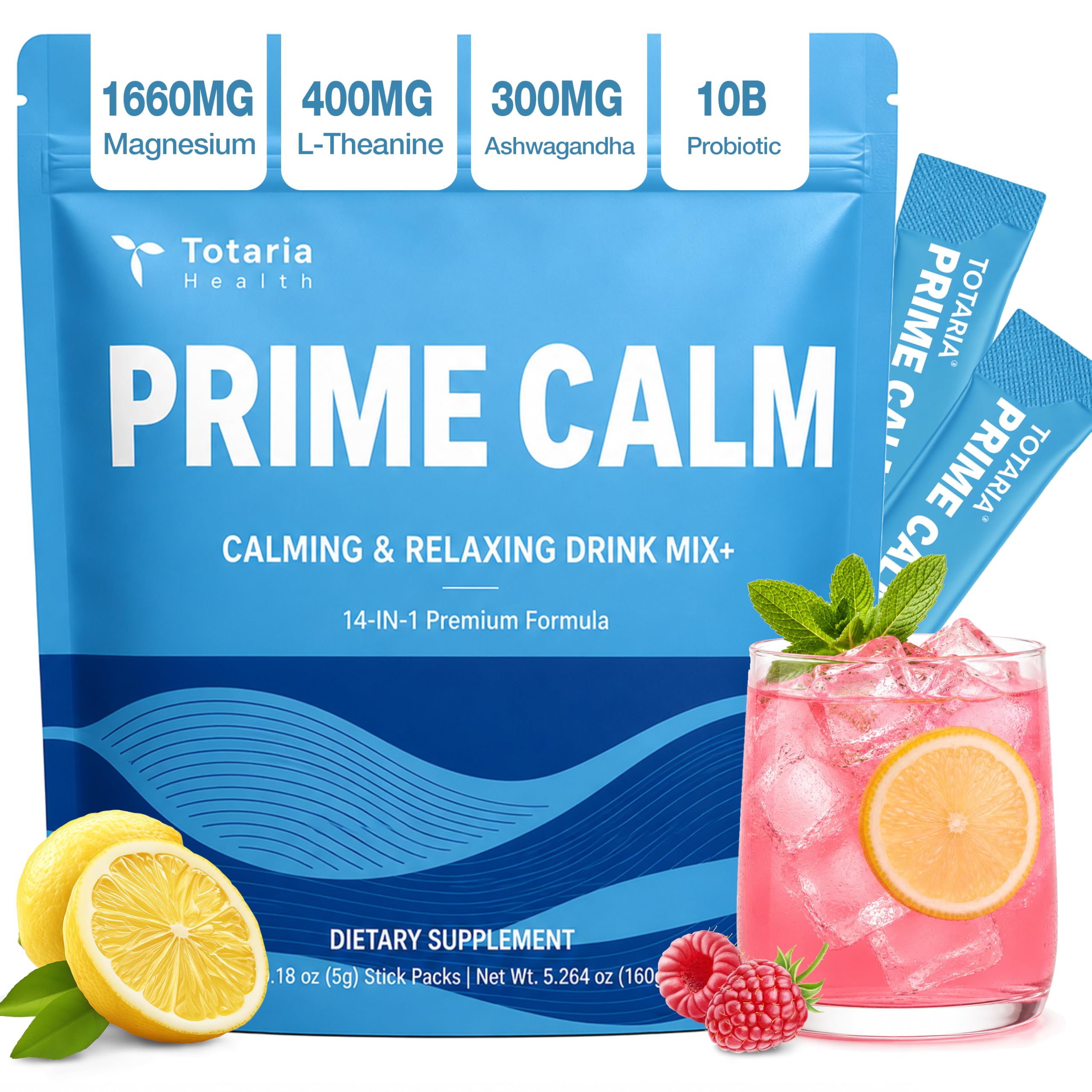 PrimeCalm Drink Mix | Magnesium Glycinate Powder, Cortisol Reducer* Ashwagandha, L-Theanine, 10B Probiotic, Stress Mood & Sleep Aid, No Sugar, 32 Ct.