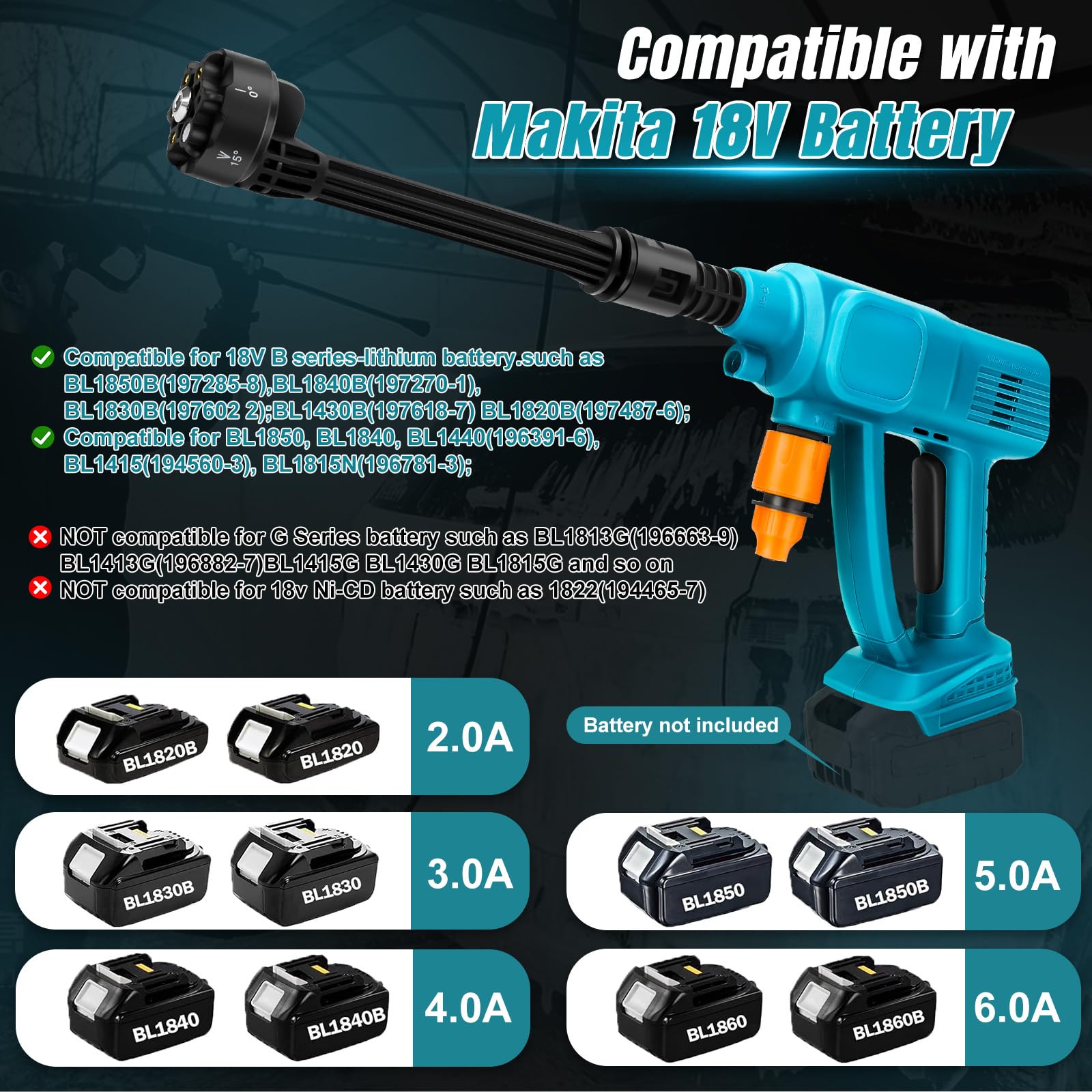 6-in-1 accu-hogedrukreiniger voor Makita, 18 V, mobiel hogedrukreiniger-pistool met 3000 mAh panthem acculader, draagbaar accu-drukreinigerpistool voor auto, huis, gazon, tuin, omheining