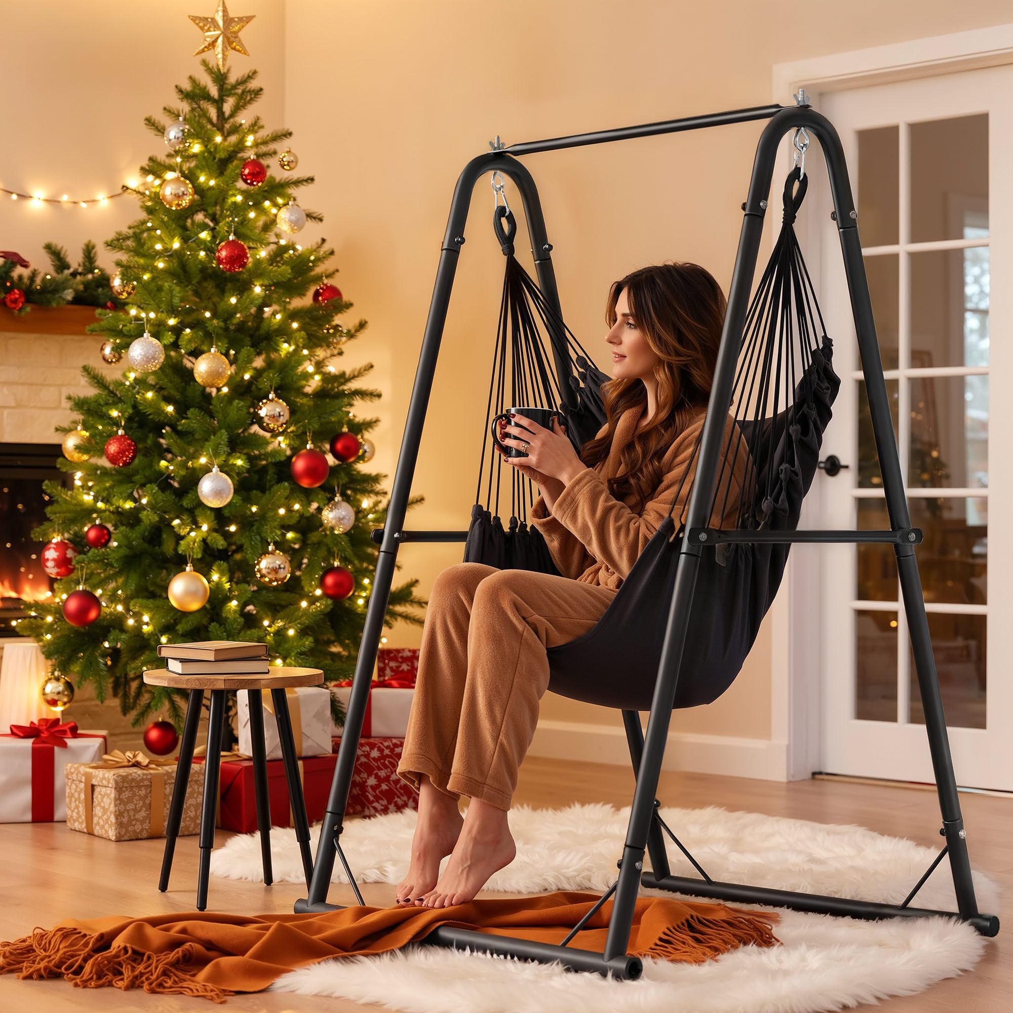 YITAHOME Hamaca Colgante con Estructura de 105 x 93 x 160 cm, Estructura de Acero Estable, Soporte para Hamaca con Columpio Colgante, Carga máxima de 150 kg, Mecedora con 2 Ganchos y 2 Cojines de