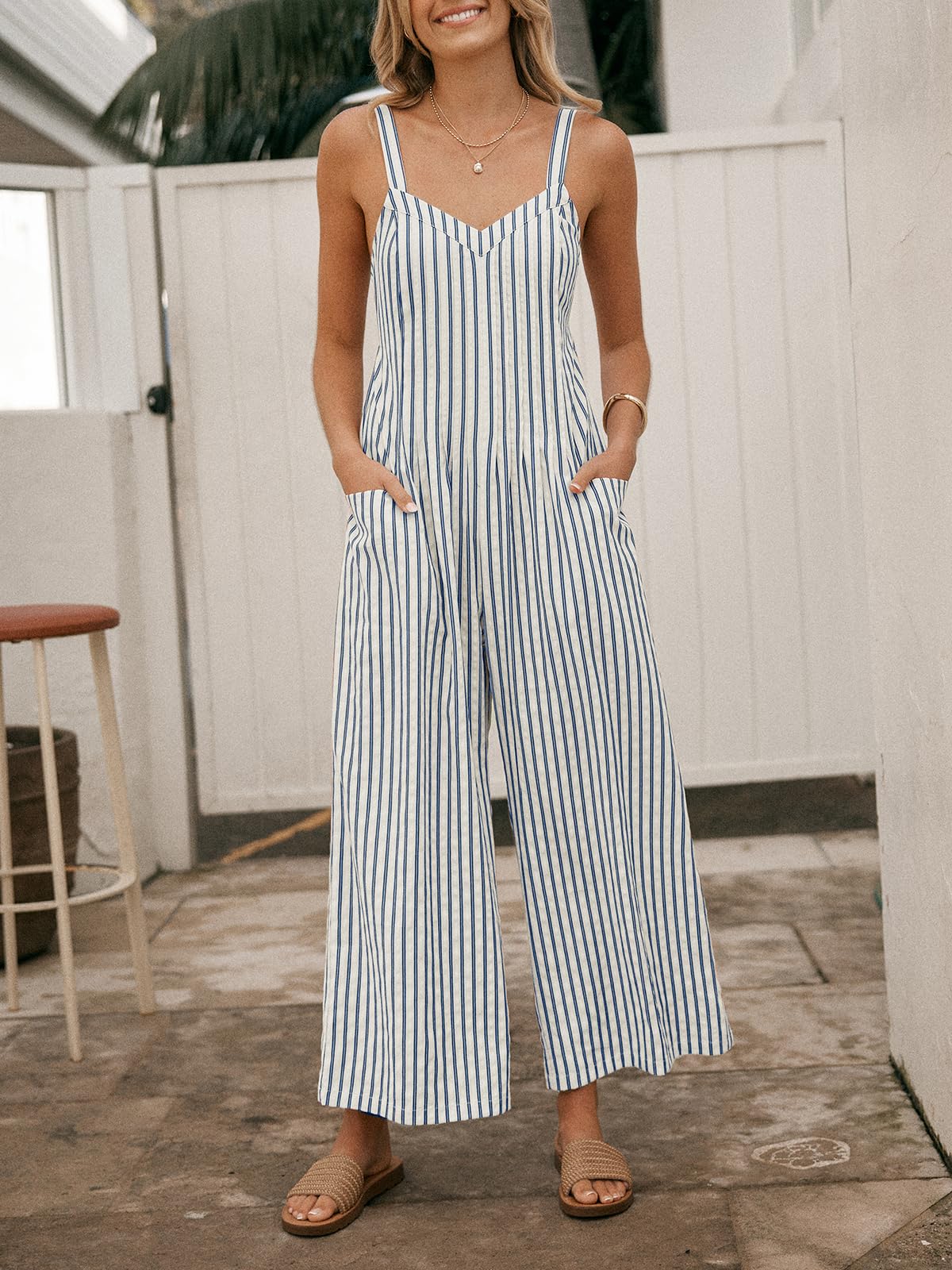 CUPSHE Damen Jumpsuit Gestreift Ärmellos Overall Gesmokt Cutout Strampler Weites Bein Lang Playsuit Sommer Lose Hosenanzug