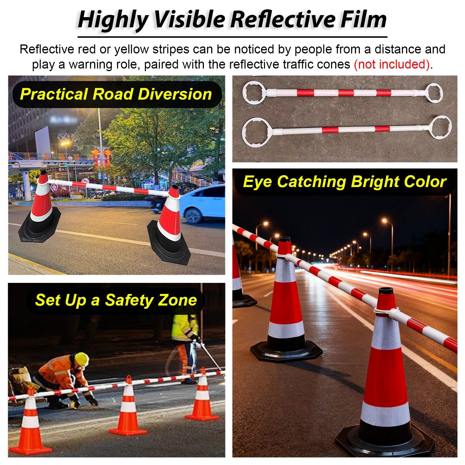 Barres de Cônes de Circulation Cônes de Signalisation Routière pour Barricades, Barres Télescopiques avec Film Réfléchissant, Poteau de Raccordement pour Cônes de Chantier(Ring 9 cm (3 1/2“),10pcs)