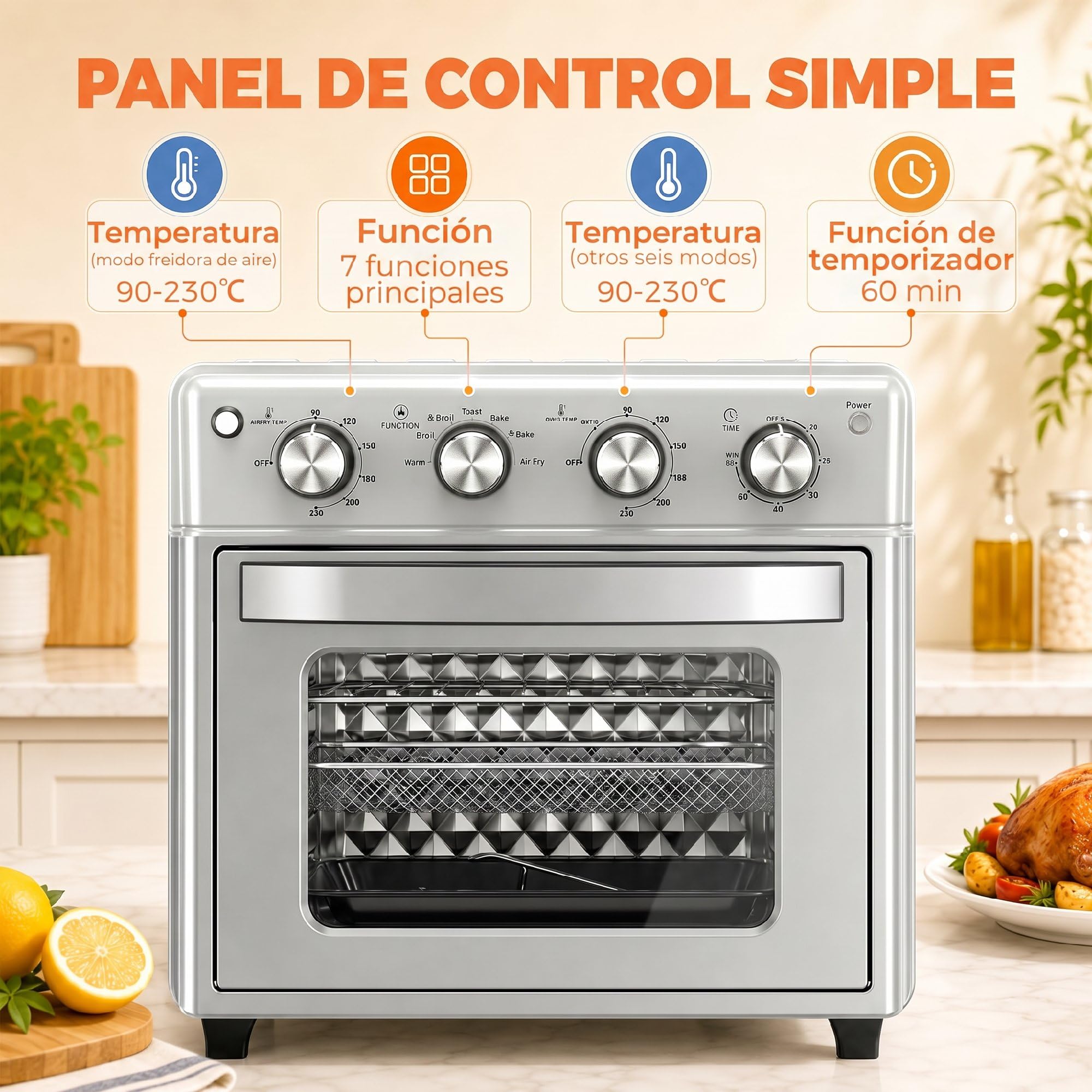 HOMCOM Horno Eléctrico Multifunción de Sobremesa 43x39x39 cm Plata | Mini Horno Tostador, 30L, 1600W, Freidora de Aire, 7 Modos de Calor, Temporizador y Temperatura Regulable