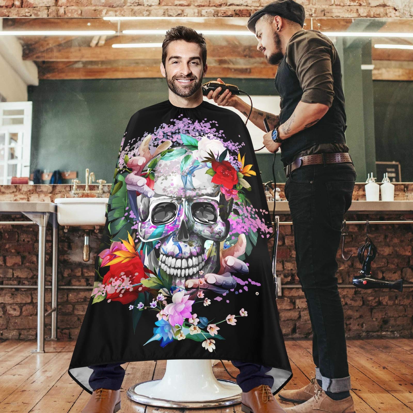 visesunny Barber Cape Skull Rose Tattoo Pattern Polyester Hair Cutting Salon Cape Apron Anti-Static Haircut Water-Resistant Shaving Cloth Beard Shaving Bib Hairdressing Cape