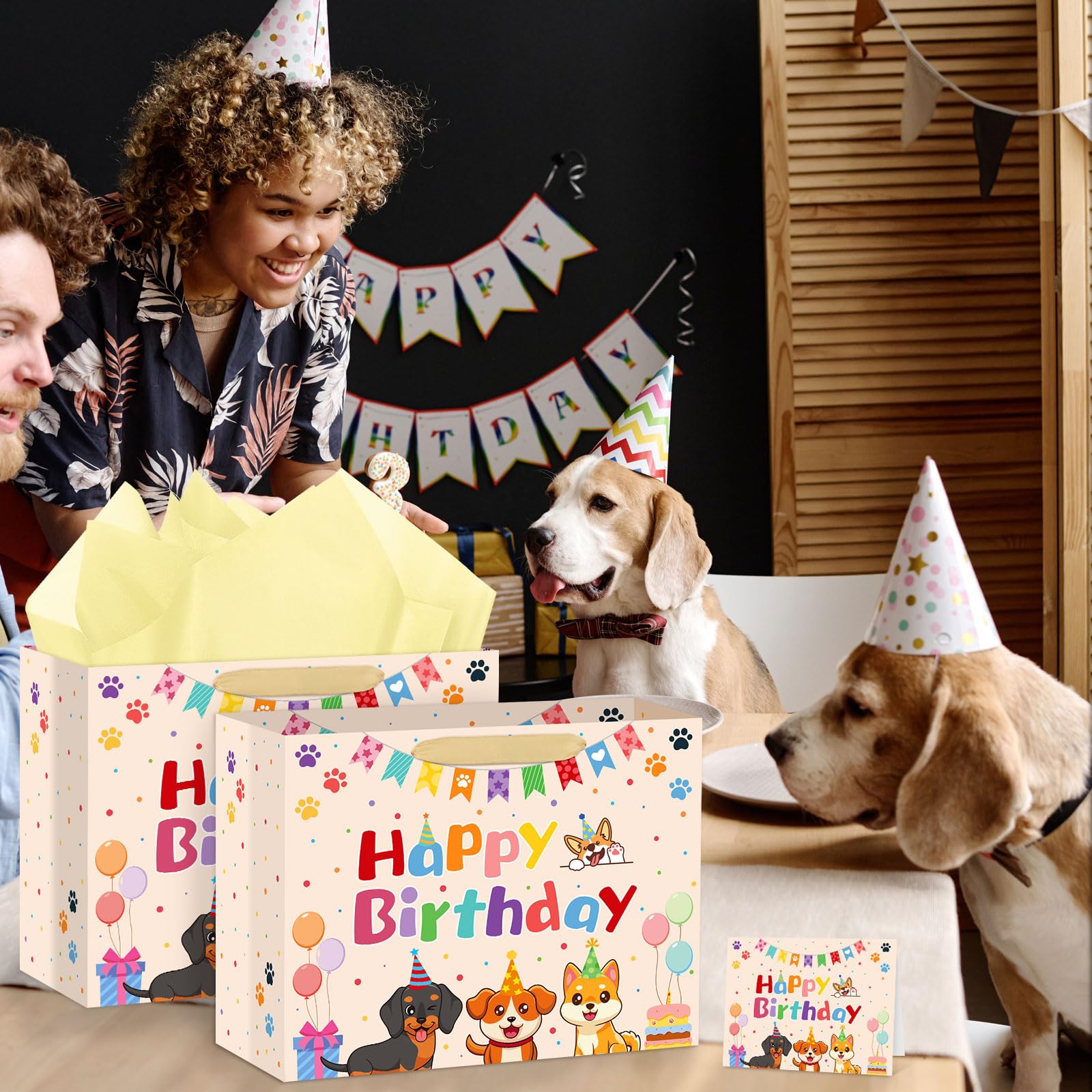 Hooqict Large Dog Gift Bag Dog Birthday Gift Bag with Handles, Tissue Paper, Greeting Card for Kids Boys Girls Pet Puppy Themed Birthday Party Decorations Supplies