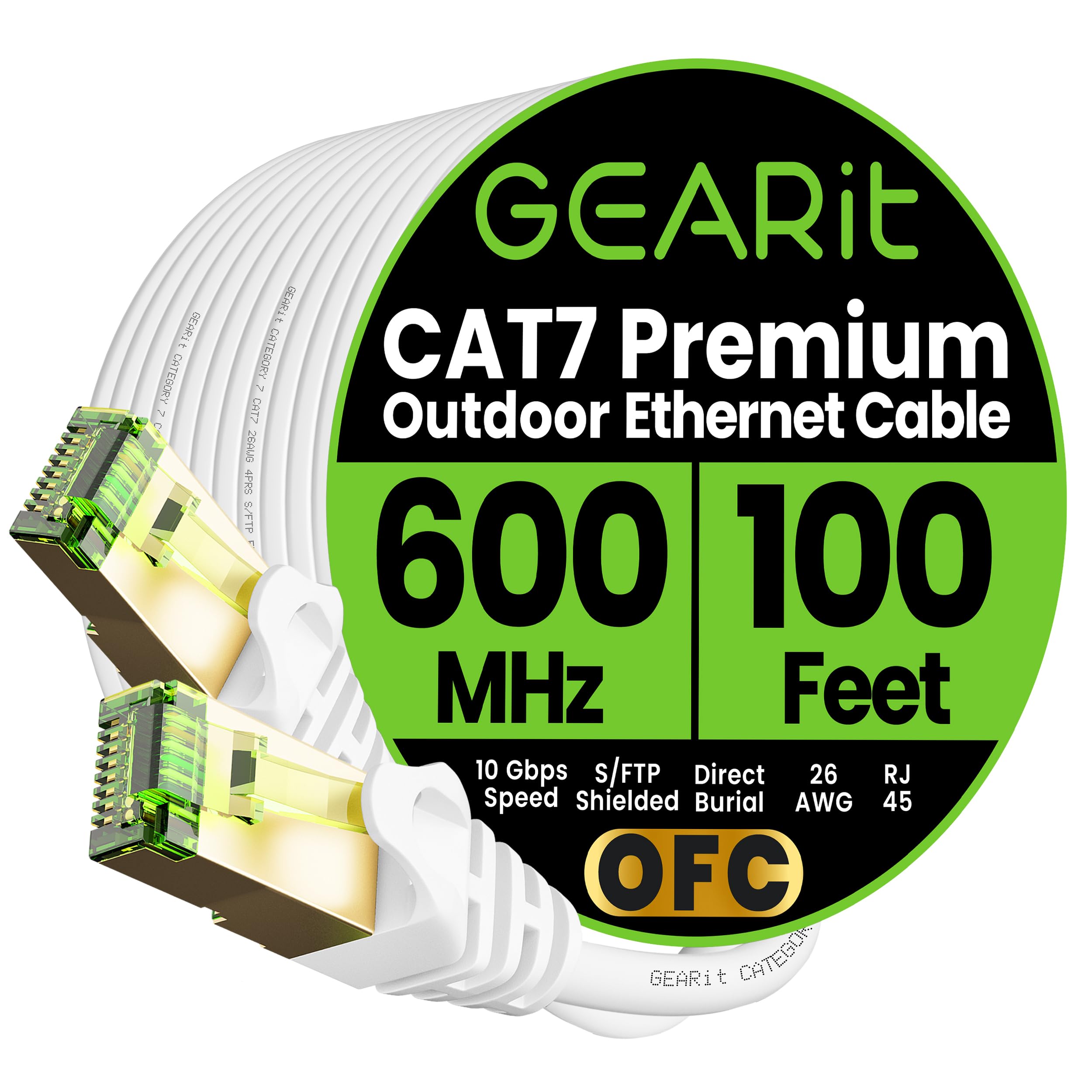 GEARit Cat7 Outdoor Ethernet Cable (100ft) SFTP Shielded Foil Twisted Pair, Pure Copper, LLDPE, Waterproof, Direct Burial, In-Ground, UV Resistant, POE, Network, LAN, Internet, Cat 7-100 Feet