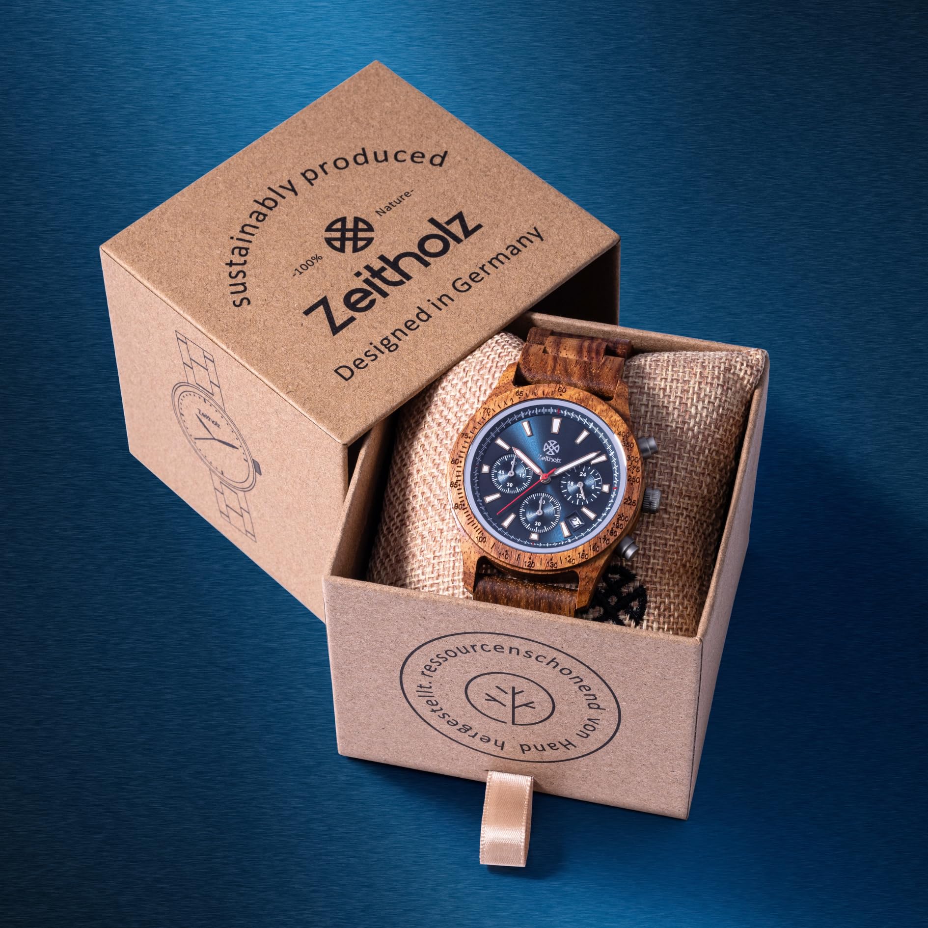 Holzuhr Herren, für Herren, Armbanduhr, Chronograph, Neue Bergen, Analog, 42mm, 100% Naturholz mit Japanischem Quarzwerk.