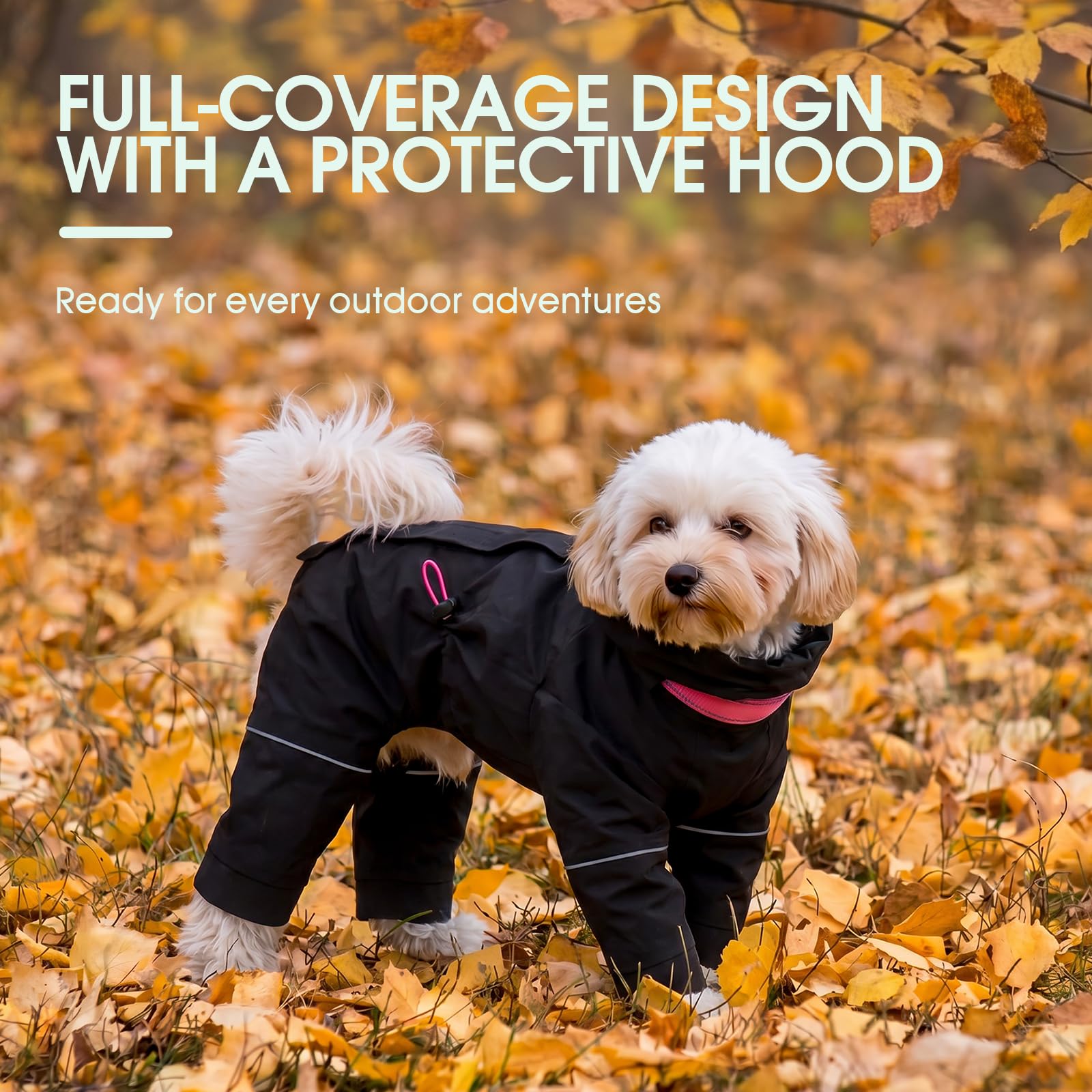 Kuoser Manteau de pluie imperméable pour chien avec capuche réglable Noir Taille XL | Manteau de pluie léger et respirant pour chien avec 4 pattes et col haut réglable réfléchissant