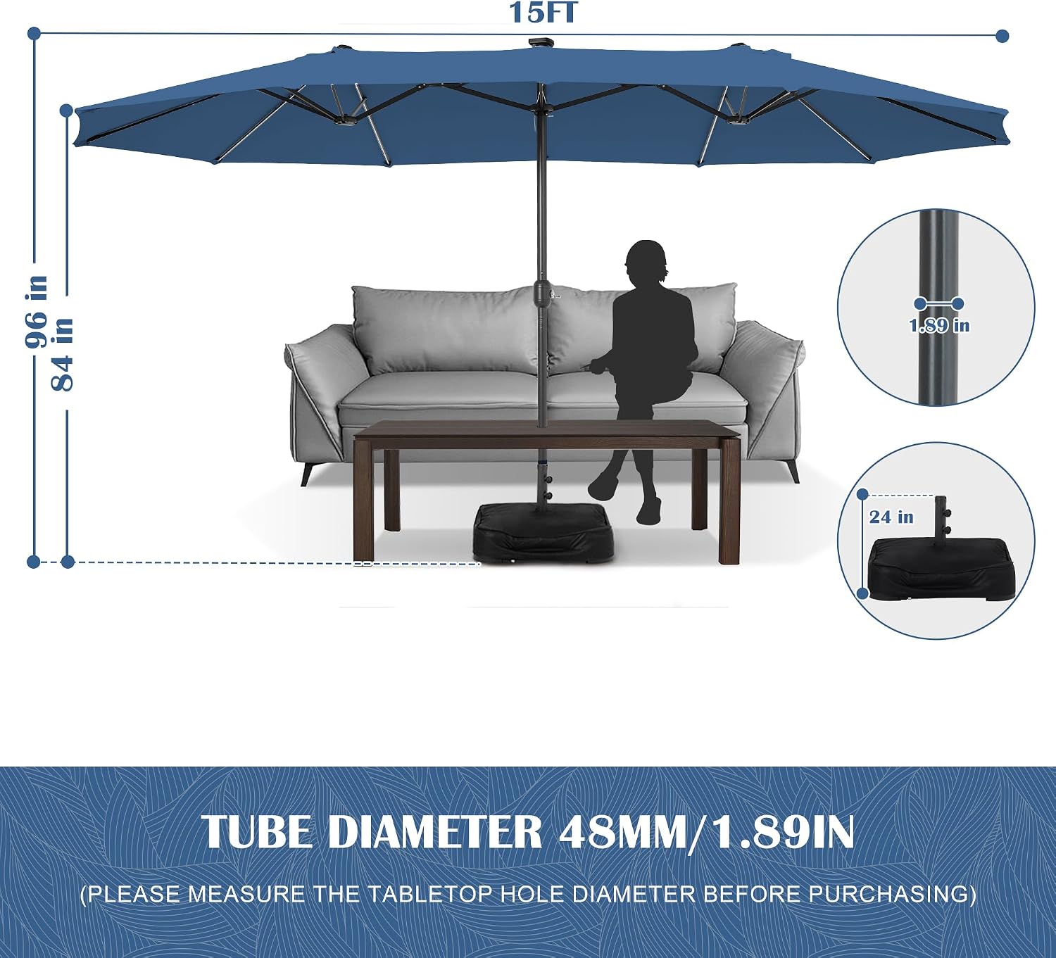 Sundale Outdoor Solar 144 LED 15 ft Patio Umbrella with Sandbag Base Included and Cover, Outdoor Double-Sided Umbrella with Lights