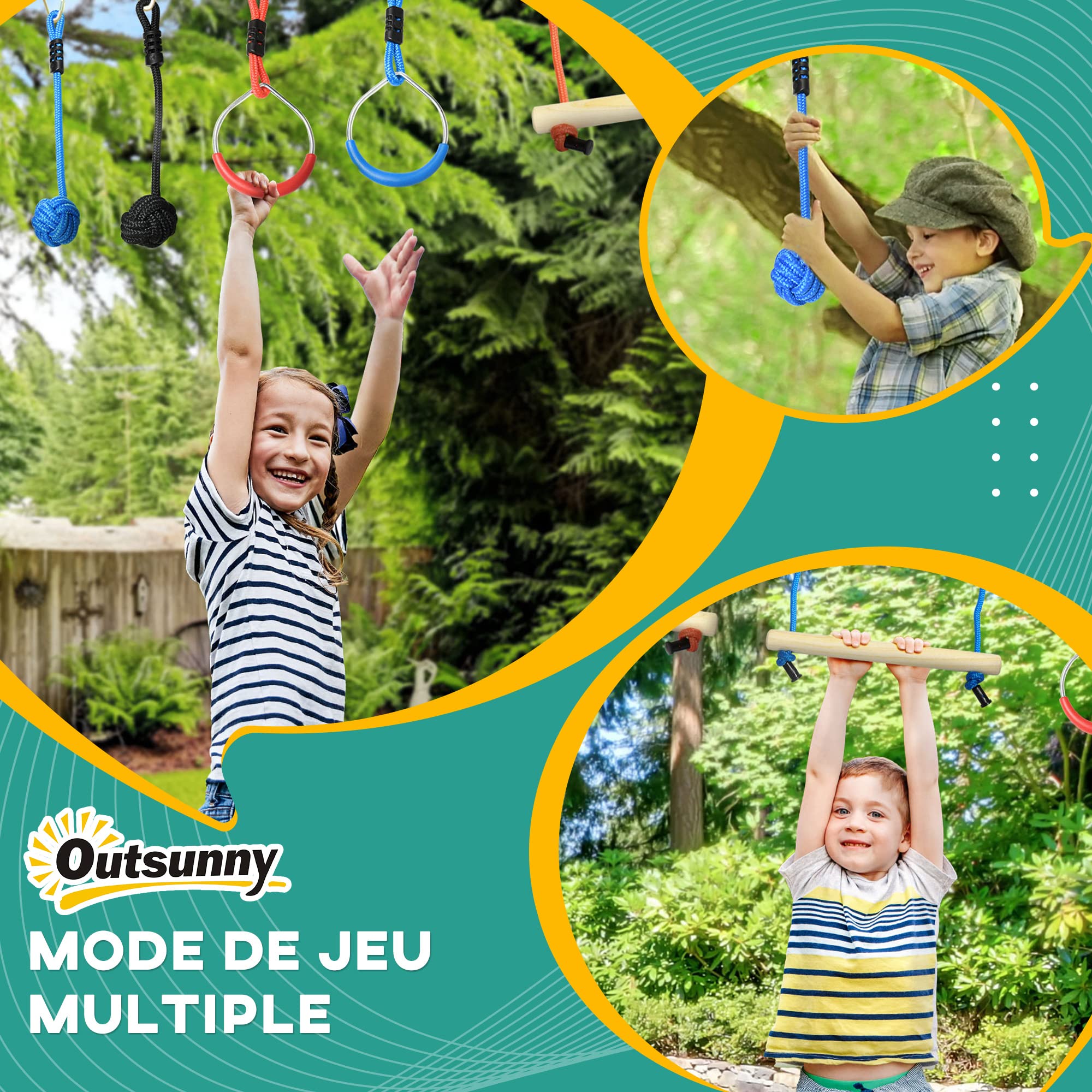 Outsunny Parcours d'obstacles Ninja pour Enfants 30 Accessoires 10 m de Slackline et Sac de Transport Bleu Noir Rouge