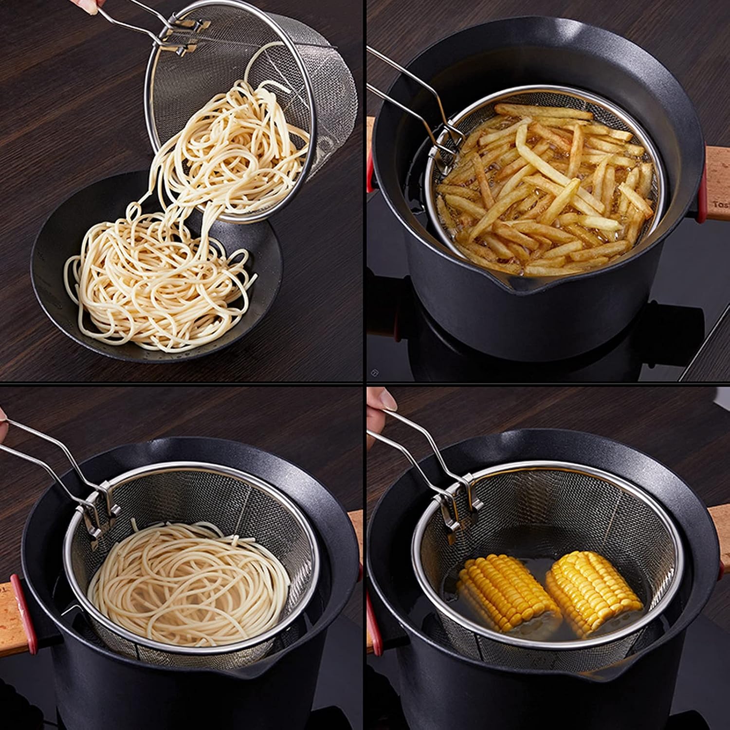 TOMYEUS French Fry Chips Baskets Fry Basket with Foldable Handle Stainless Steel French Fries Basket Kitchen Strainer Oil Leaking Net for Home, Hotel, Restaurant Kitchen Cooking Tools (Size : Small)
