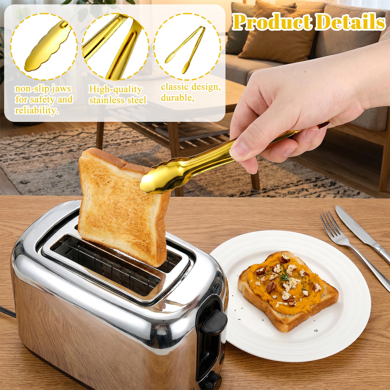 Paquete de 4 pinzas doradas para servir alimentos, pinzas pequeñas de acero inoxidable para bufé, suministros de bufé, pinzas para fiestas, postres, hielo, azúcar, bistec, ensalada, aperitivos, pan (6