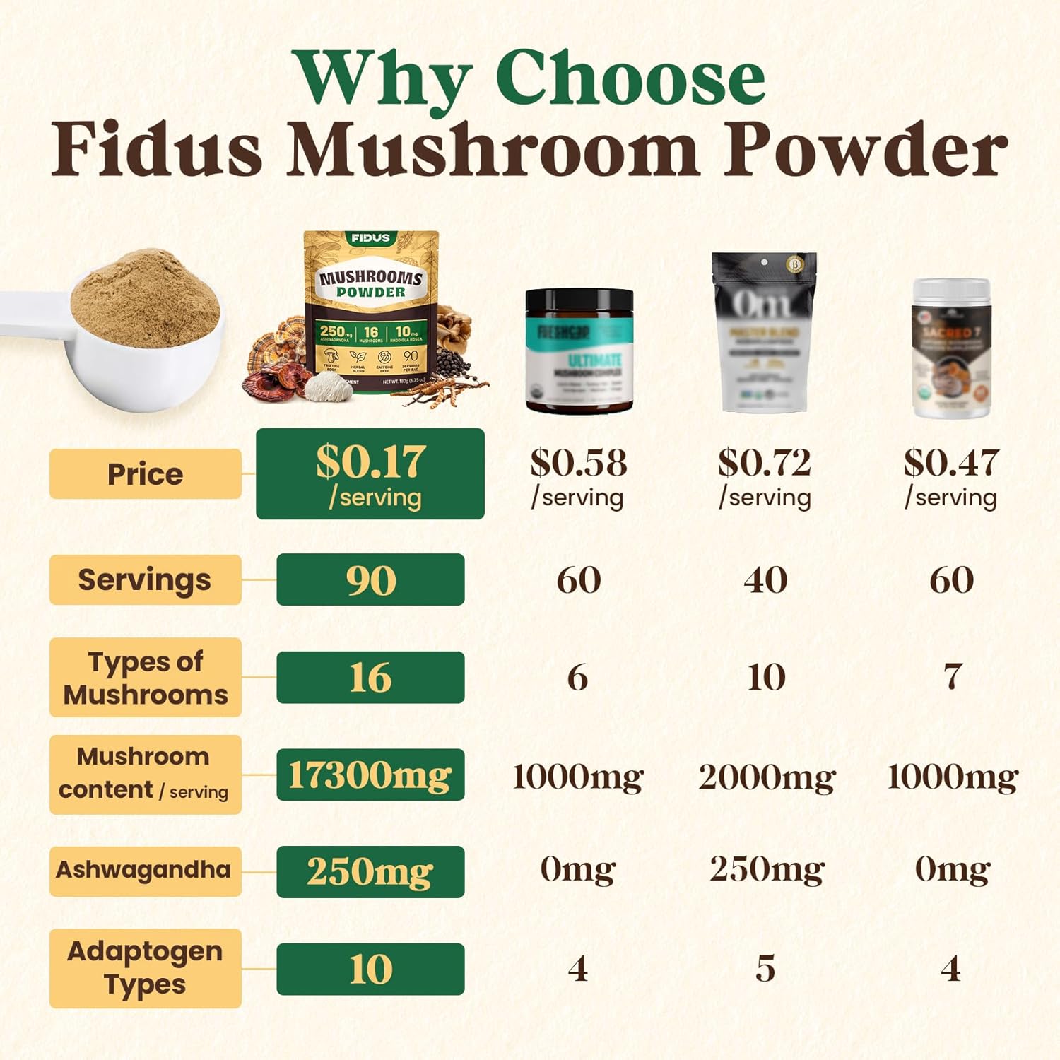 Fidus 16 Mushroom Supplement Powder with 17,300mg, 90 Day Servings Mushroom Coffee Alternative for Immunity, Focus & Energy with Ashwagandha, Lion's Mane, Chaga and Reishi, 100% Fruiting Bodies - Image 3