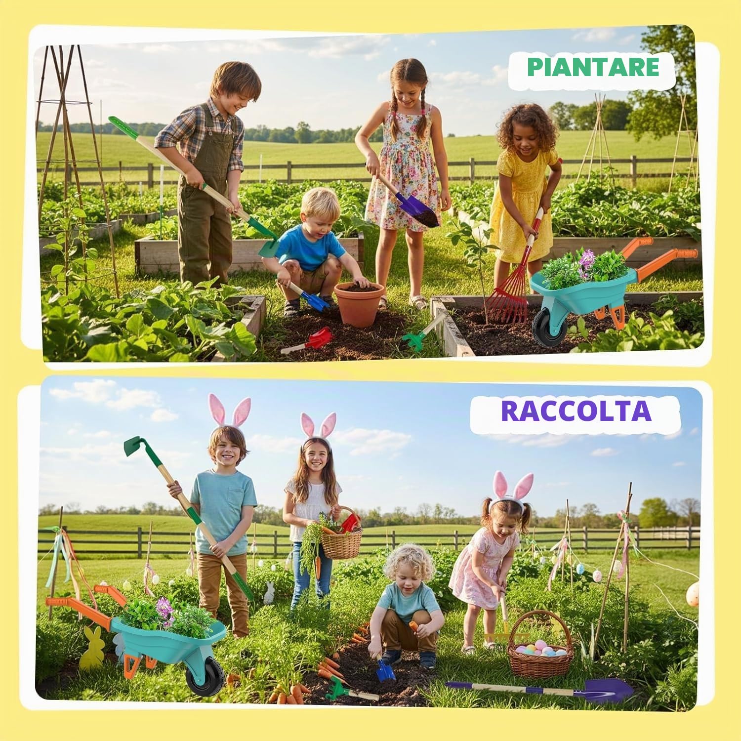 LATERN Set di Attrezzi da Giardinaggio per Bambini, 70CM Carriola con 70CM Metallo Pala Rastrello Zappa Foglie Rastrello 20CM Pala Rastrello Guanti per Esterni Giardino Cortile Prato Scavare Giocare