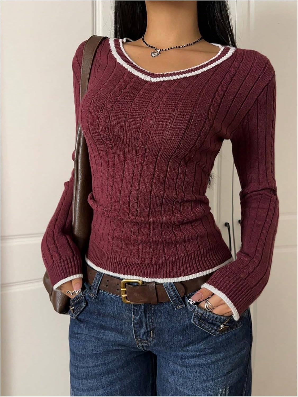 Milumia Women's Cable Knit V Neck Long Sleeve Sweater Casual Fitted Going Out Pullover Tee Tops Streetwear - Image 5