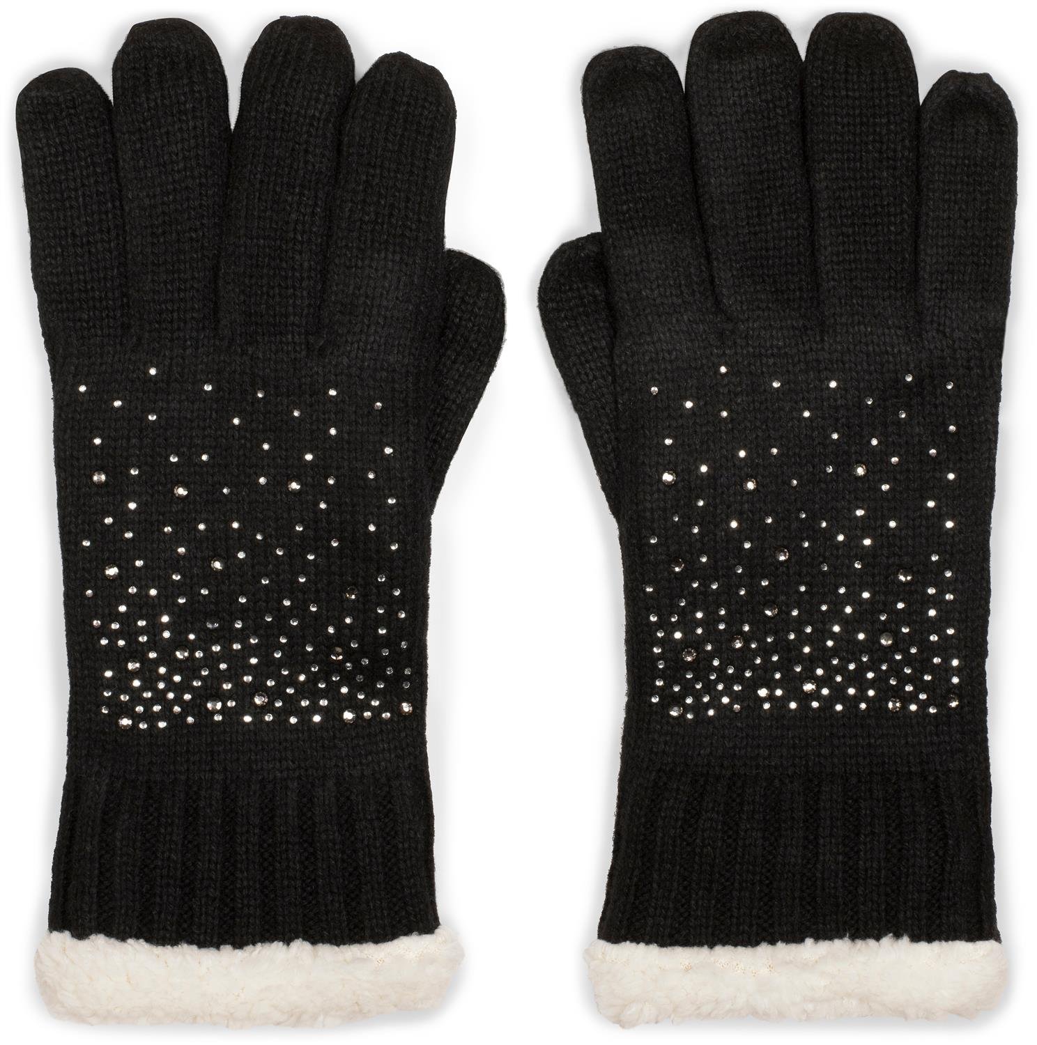 styleBREAKER warm gloves with rhinestone and fleece, winter knitted gloves, ladies 09010010, Colour:Black