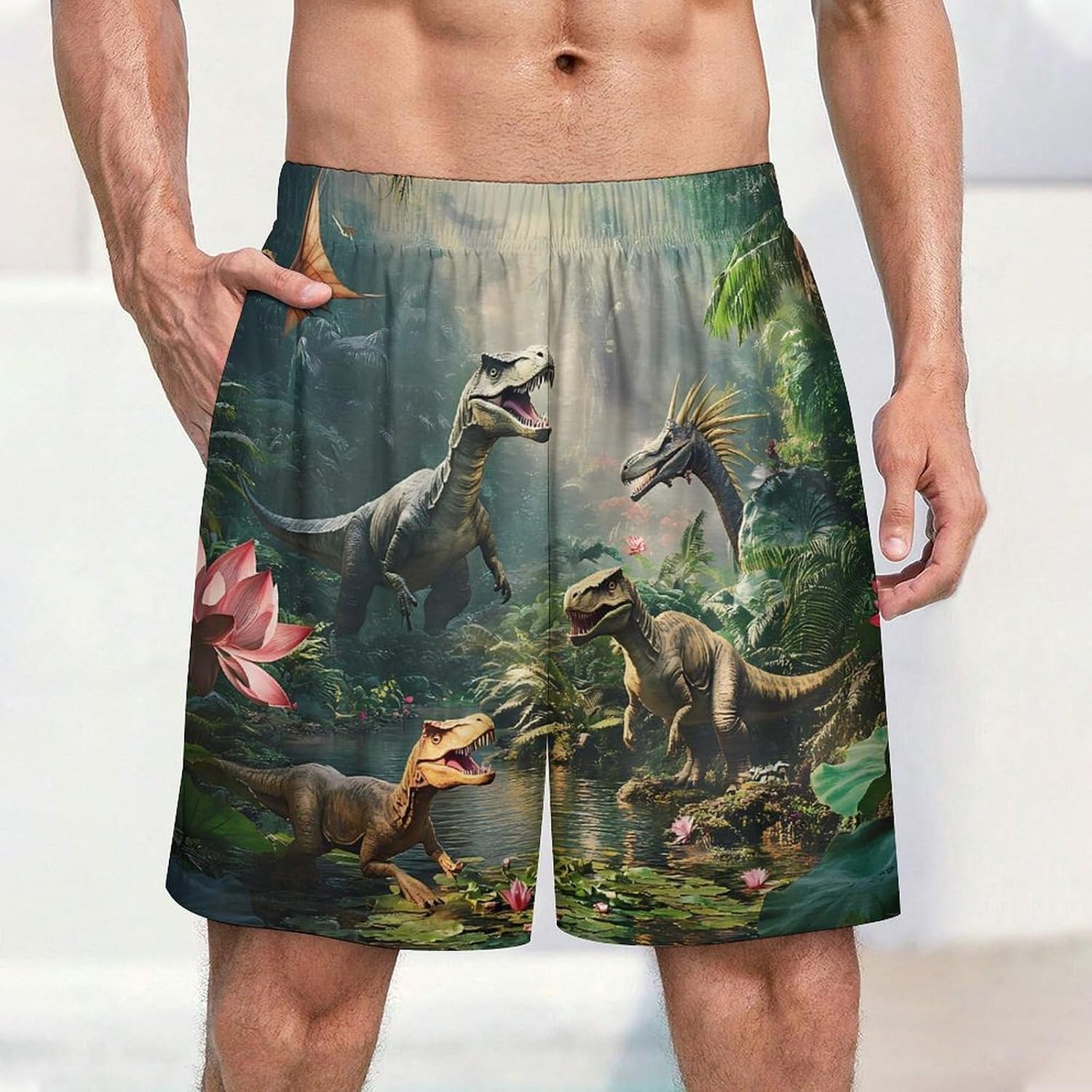 Dinosaur World Mens Pajama Shorts Drawstring Pajama Pants Pj Bottoms with Pockets