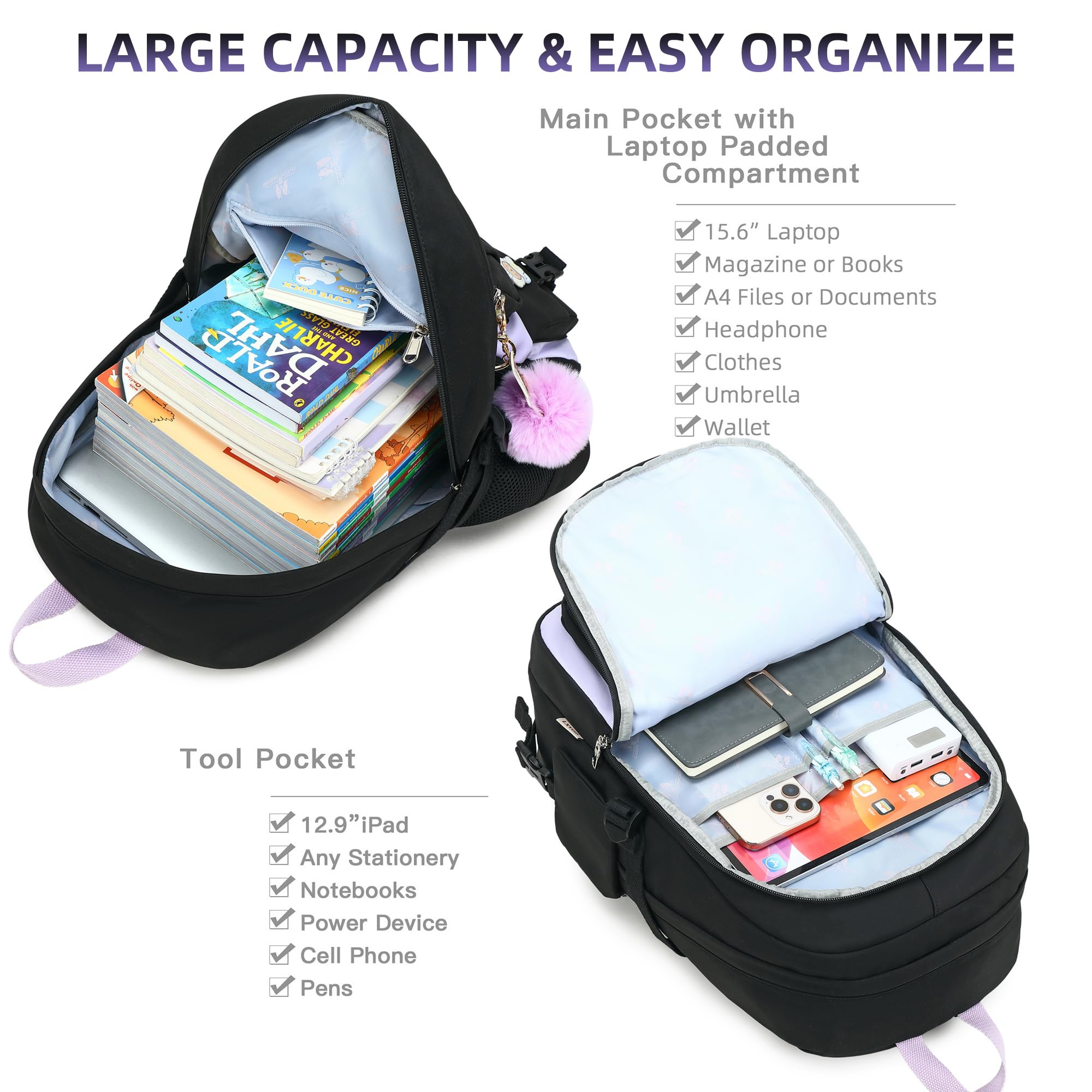Zaino per ragazze con accessori per computer portatile Bookbags 16 pollici Kawaii scuola borsa college viaggio zaino per ragazzi
