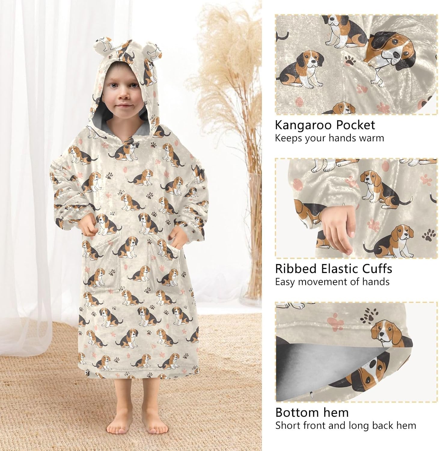Beagle Dog Pattern Wearable Blankets for Kids, Soft Warm Cozy Blanket Hoodie for Boys Girls with Pocket