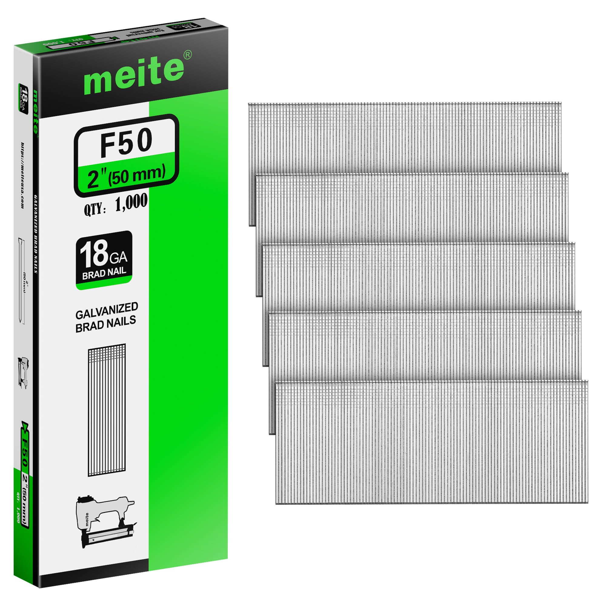 meite 18 Gauge Brad Nails, 50mm 18GA Brad Nails Galvanized Small Finishing Nail Gun Nails for Pneumatic, Electric Brad Nailer Gun (1,000 Counts)