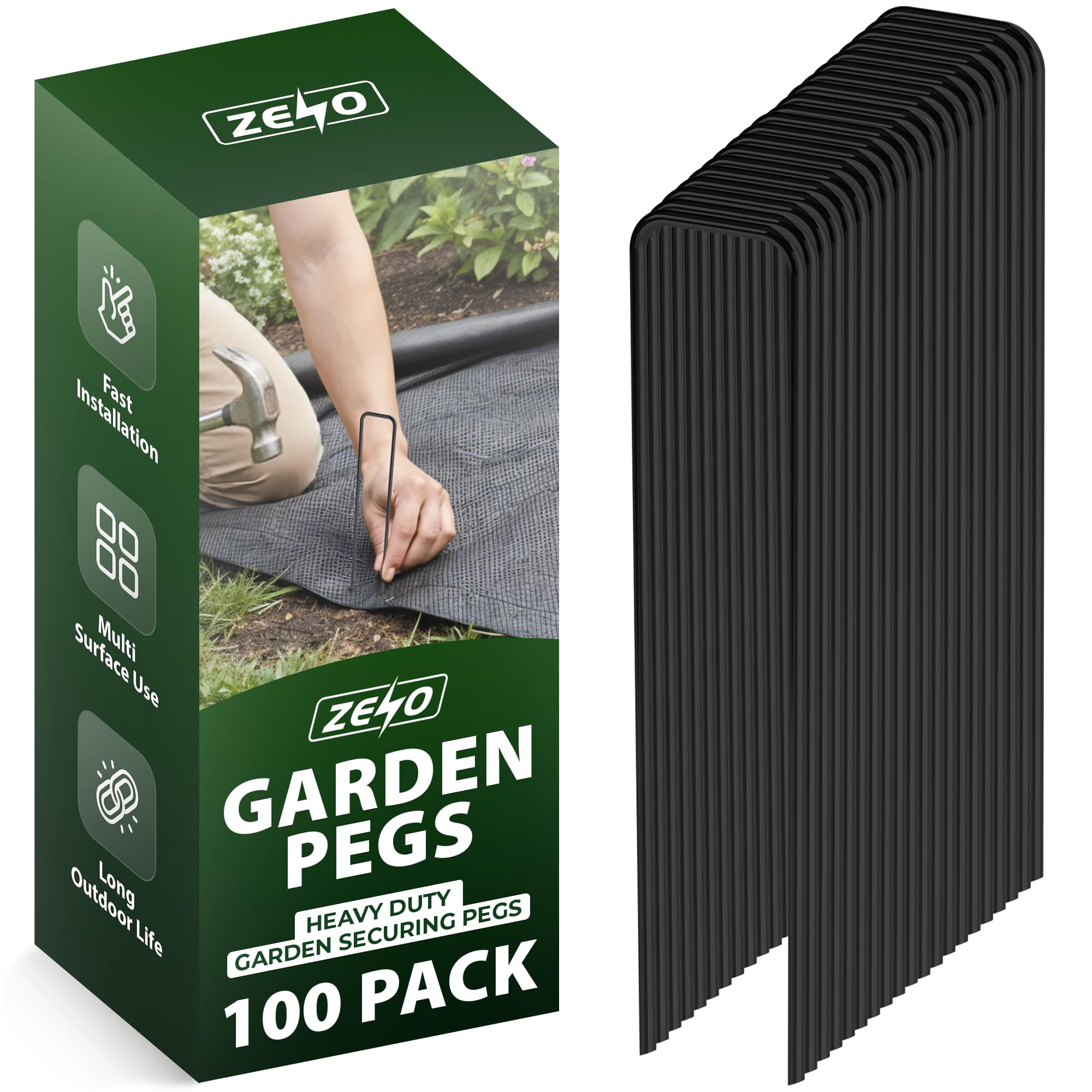 ZENO Garden Pegs | Heavy Duty Galvanised Ground Pegs for Weed Membrane | Strong U Shaped Garden Stakes for Securing Landscaping Fabric, Artificial Grass, Netting, Turf Edging and Outdoor Garde (100)