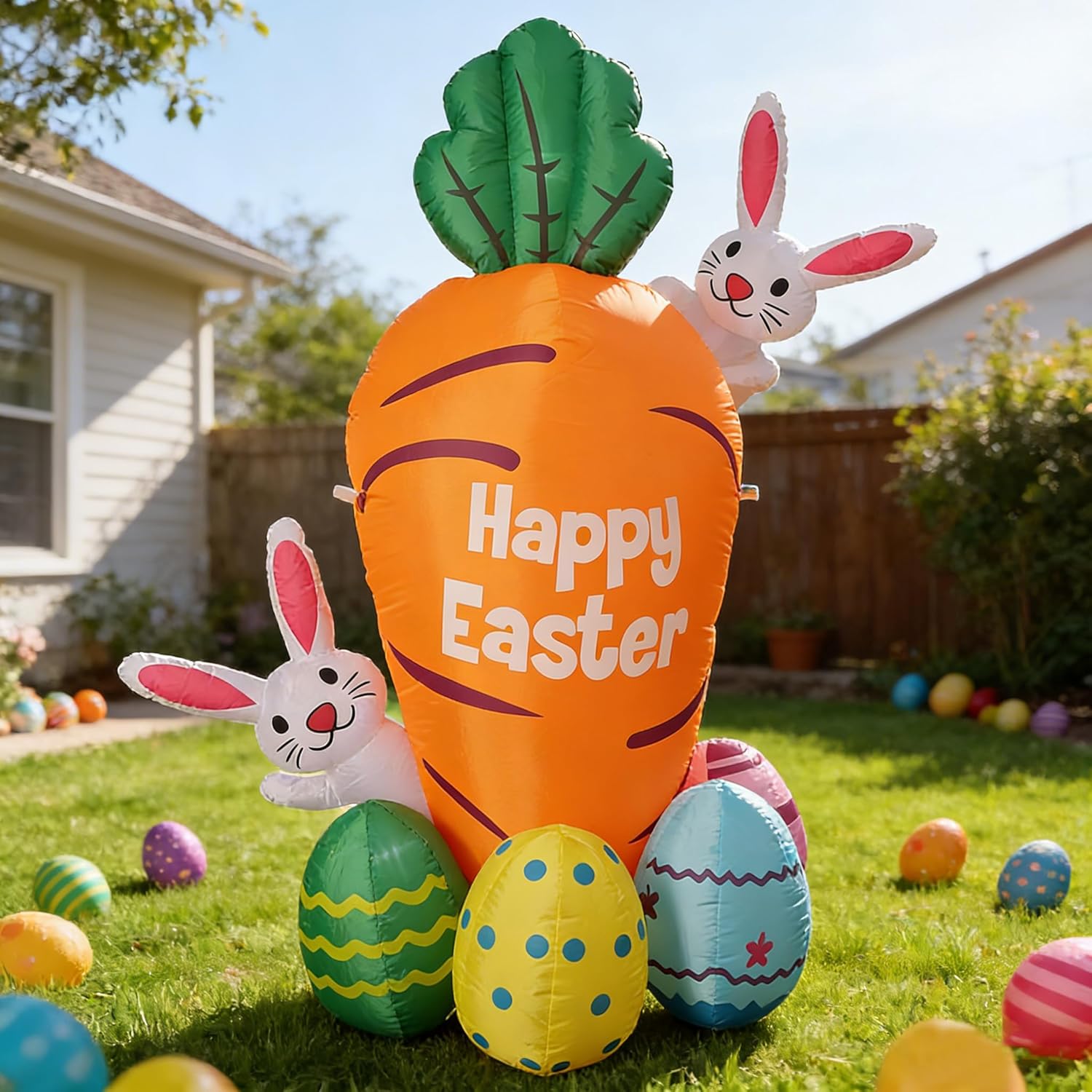 6.5 ft Inflatable Easter Decoration - Lighted Blow Up Carrot with 2 Cute Rabbits, Waterproof Easter Egg Yard Decor for Indoor Outdoor Lawn Patio Party