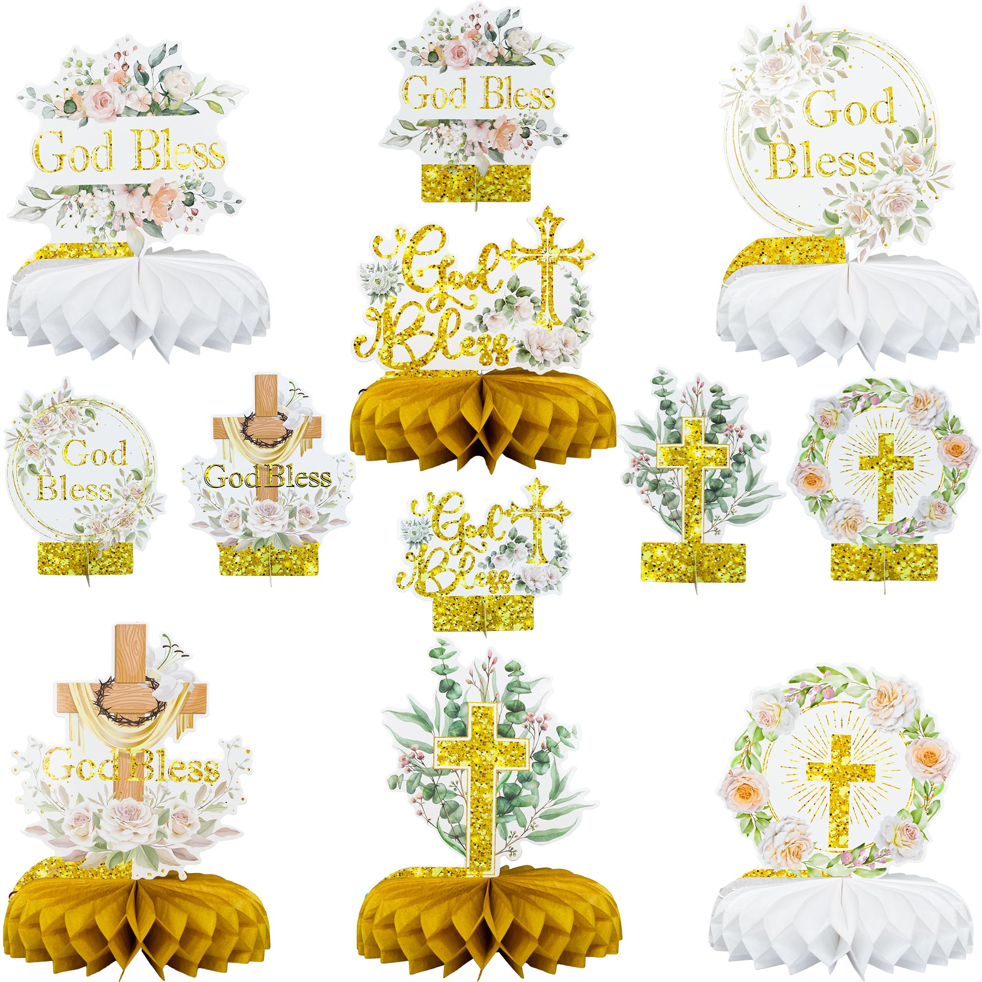 Ephlyn 12Pcs Floral God Bless Honeycomb Centerpieces Baptism God Bless Christian Party Table Topper Decorations for Baby Boys Girls Gender Reveal Christian Theme Party Supplies Gold