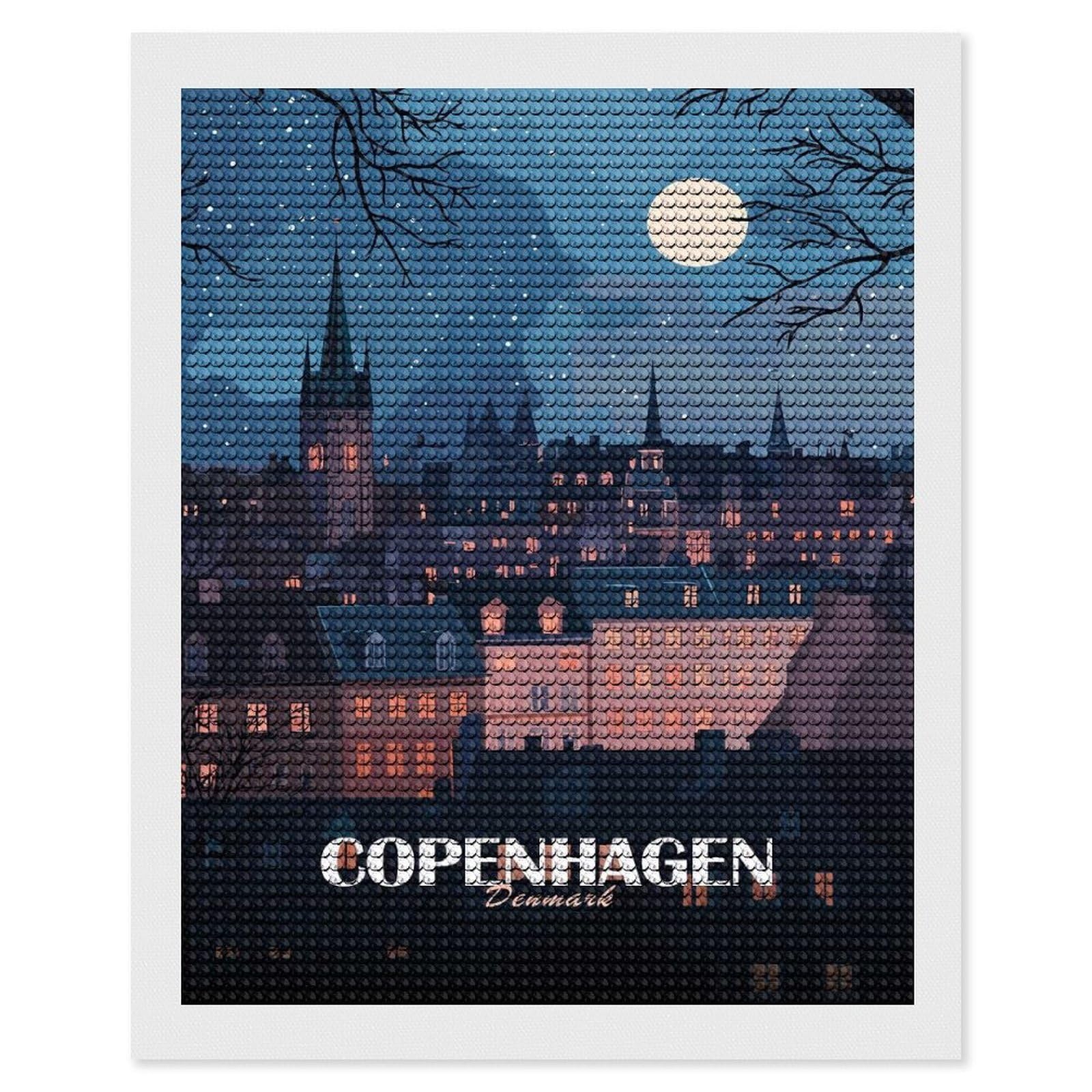 Junmoney Copenhagen, Denmark at Night Diamond Painting Canvas Set 16"x20", for Women, Mindful Craft Activity, Cosy Home Accent, Festive Craft Gift