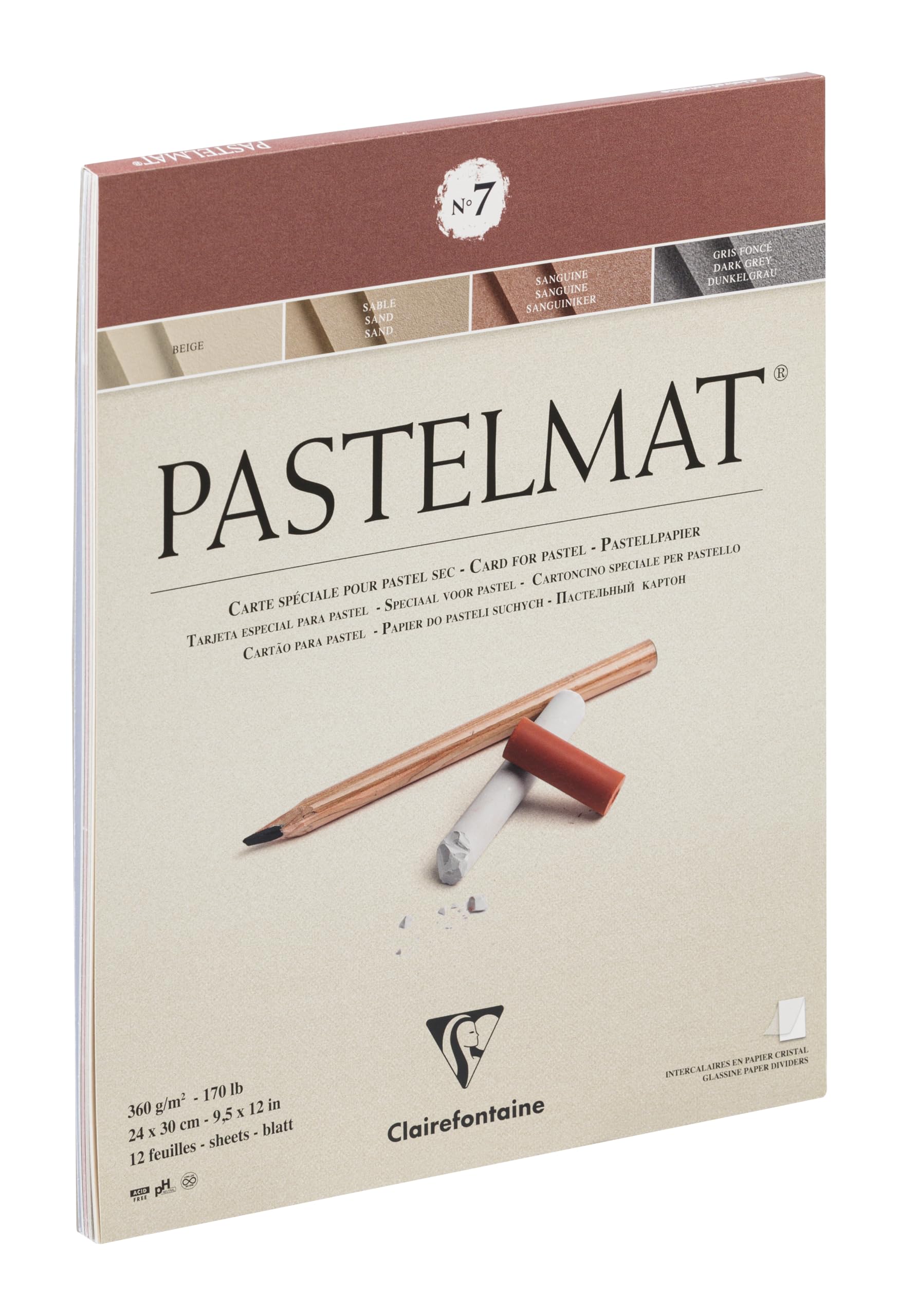 Clairefontaine 96053C - Zeichenblock Pastelmat, kopfgeleimt, 12 Blatt 24x30 cm, 360g, 4 Farben sortiert, 1 Stück