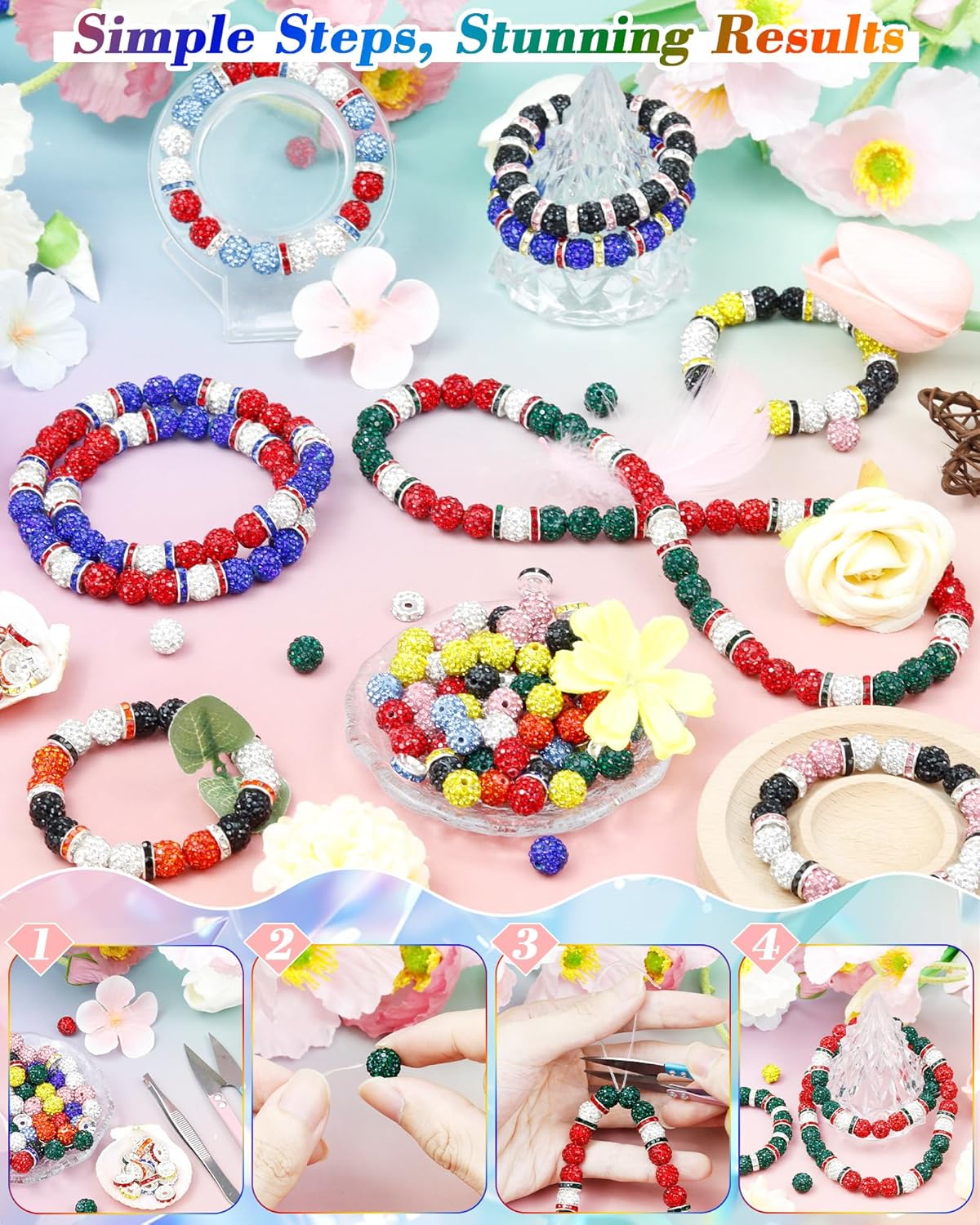 180PCS FIVEIZERO 10mm Rhinestone Beads for Jewelry Making – Sparkly Round Crystal Clay Beads & Spacers in 9 Mixed Colors for Bracelets, Necklaces & DIY Crafts - Image 5