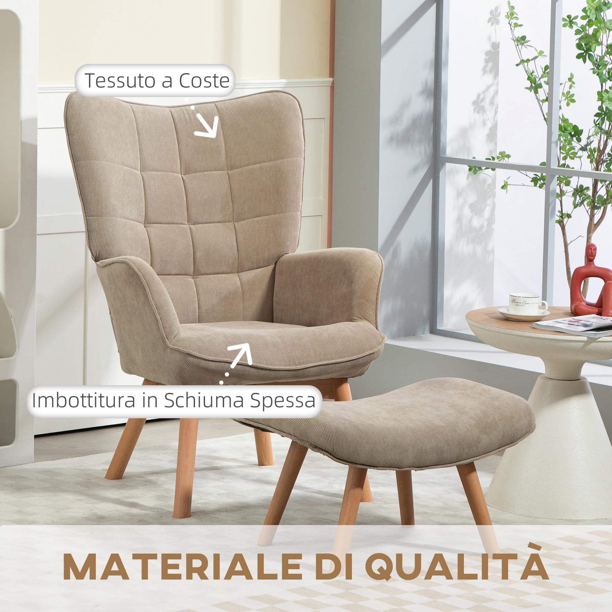 HOMCOM Poltrona con Poggiapiedi Coordinato Stile Contemporaneo, Poltroncina da Salotto in Tessuto Effetto Velluto con Gambe in Legno di Faggio per Salotto e Soggiorno, 72x80x101 cm, Marrone Chiaro
