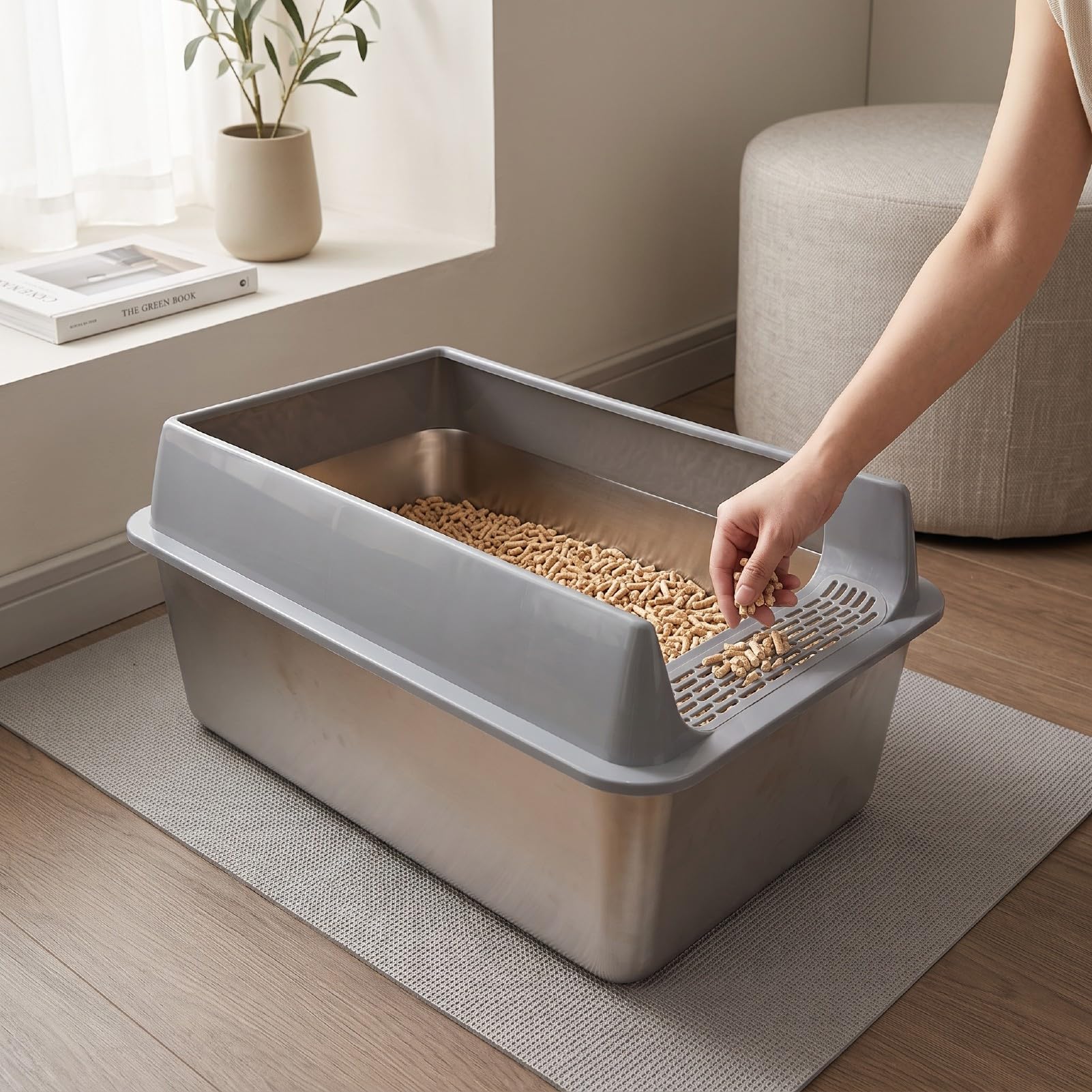Luocute Bandeja de de Acero Inoxidable, Arenero Metálico Extra Grande con Laterales Altos de 20 Cm, Antiescape de Orina, Antiadherente, sin Olores, Fácil Limpieza, para Gatos Grandes,