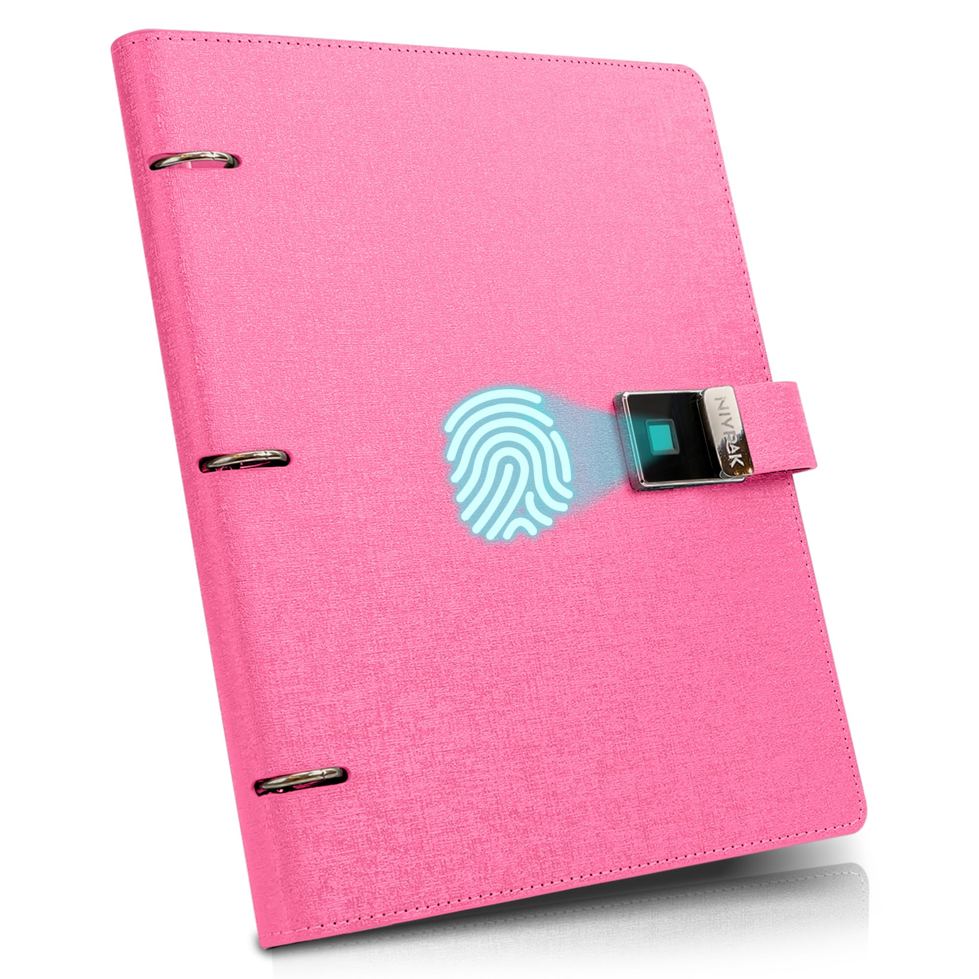 Photo 1 of Leather Notebook with Lockable Fingerprint for School, Business & Personal- 3 Ring Binder for Note Taking, Journaling, Emergency Binder, and Planner - 8.5” x 11.5”, 100 Sheets (Pink)