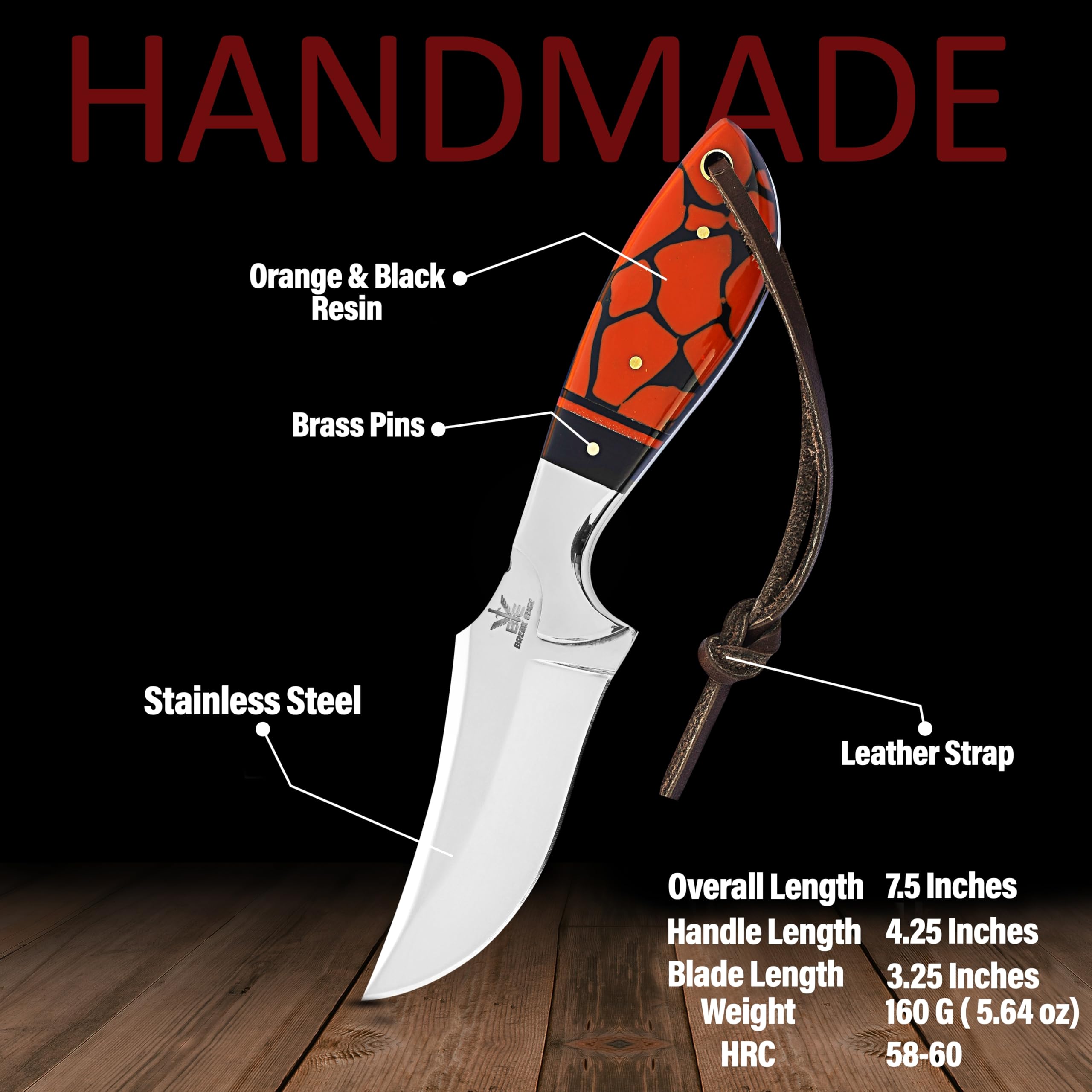 BE BREAK EDGE Premium Skinner Cow Boy Knife, Fixed Blade, Stainless Steel,Hunting Knife With Leather Sheath (Orange)