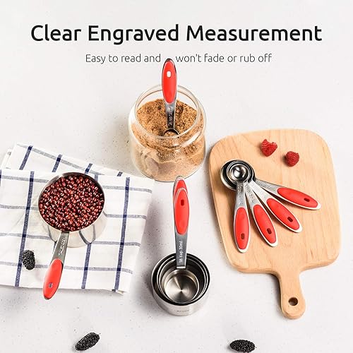 Miniatura 4 de U-Taste Juego de tazas y cucharas medidoras de acero inoxidable 188 y juego de pinzas de cocina de alta resistencia al calor de 600F (rojo)