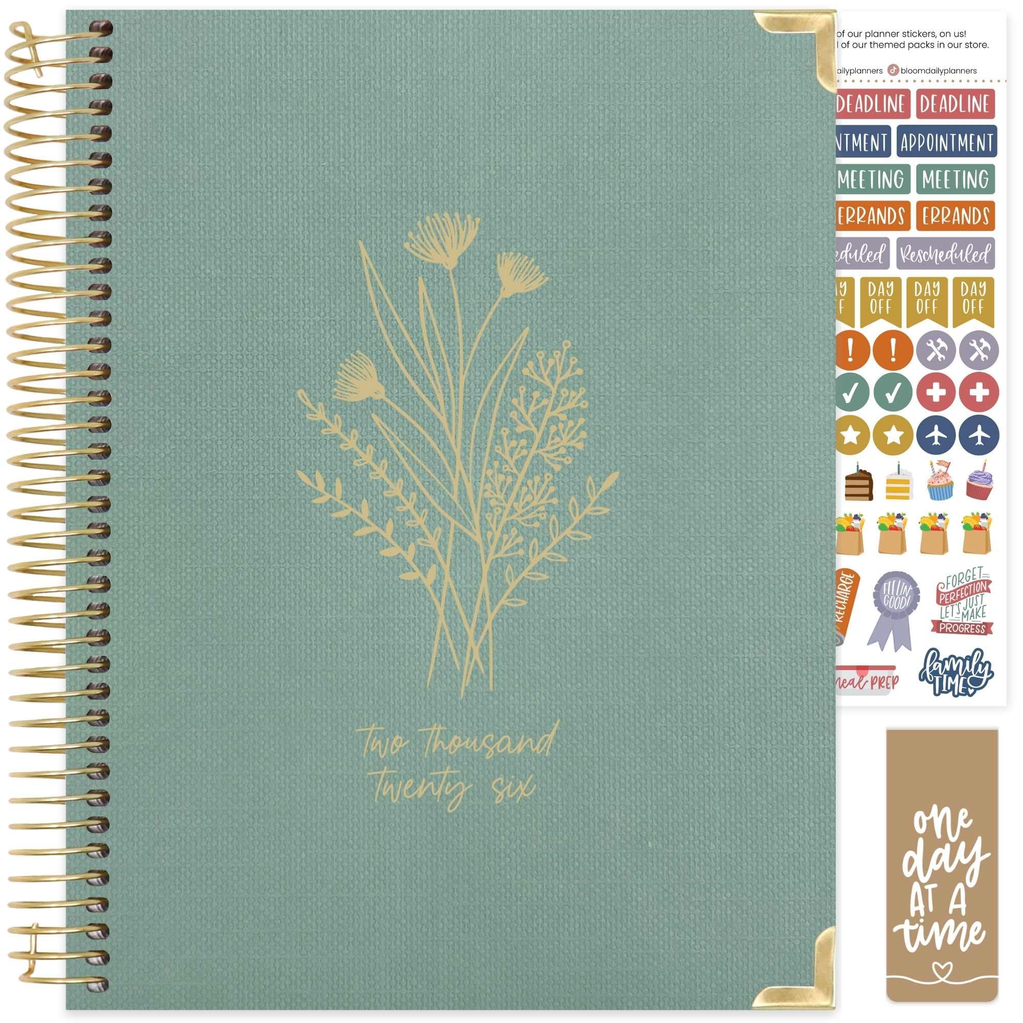 bloom daily planners HARDCOVER Planer 2026 (od stycznia do grudnia) - 21,5 cm x 28 cm tygodniowy i miesięczny organizer z naklejkami i zakładkami - zielony len