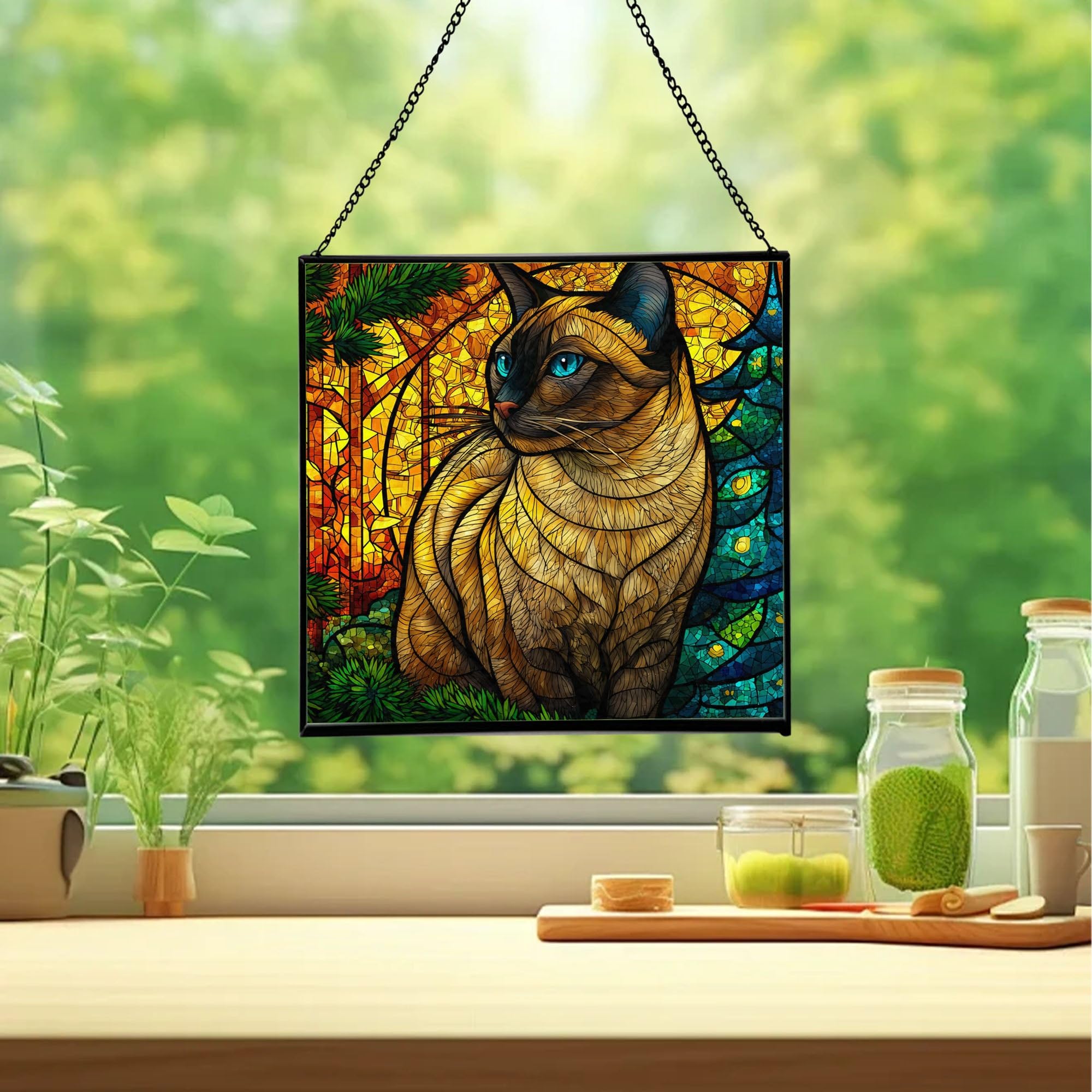 Thai Cat Christmas Stained Glass Suncatcher – Square Hanging Holiday Window Panel with Cozy Fireplace Scene – Winter Glass Art Decoration Gift for Animal Lovers, Pet Owners koHpPd