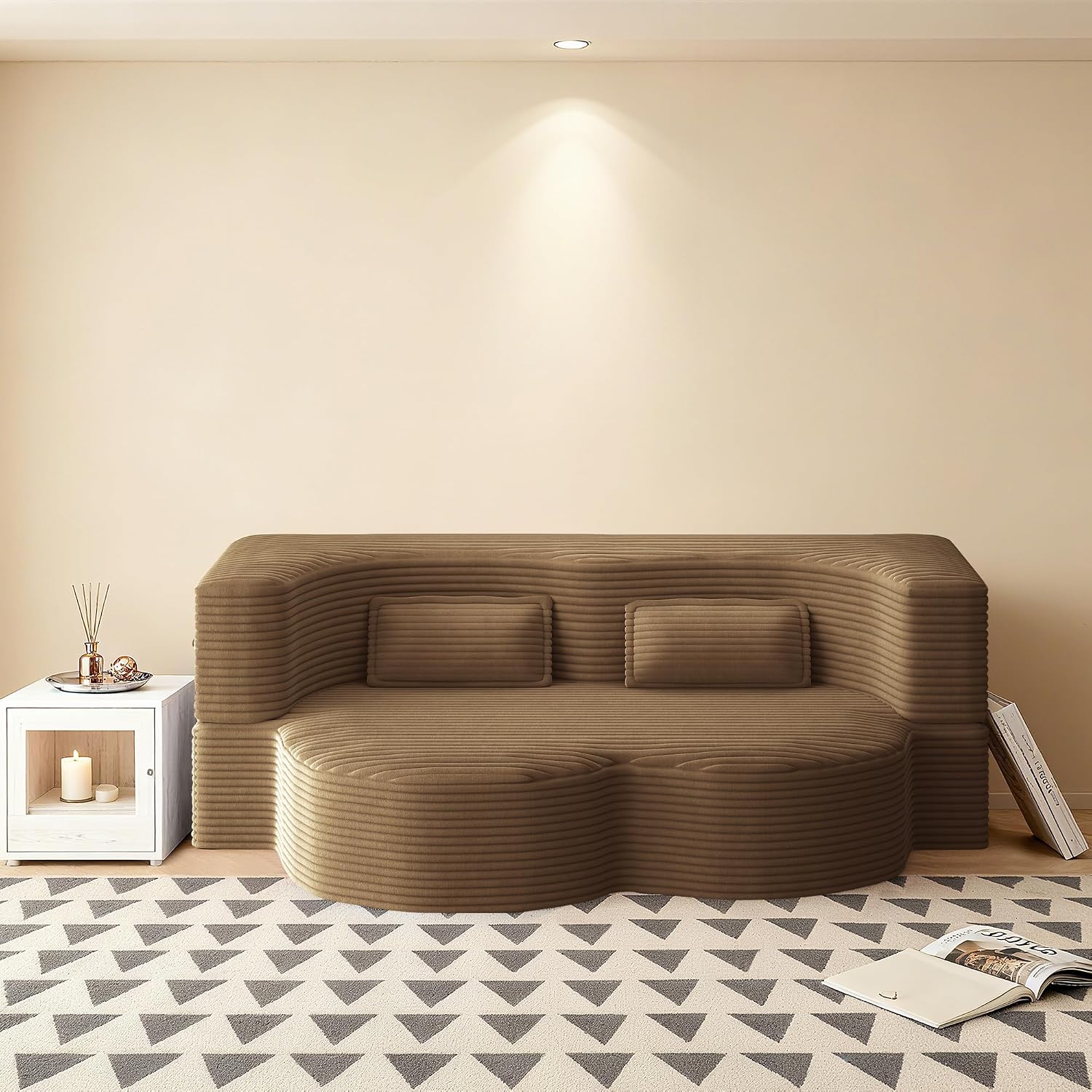 78" Full Size Convertible Sofa Bed, 2-in-1 Folding Floor Couch with 2 Pillows, Sleeper Sofa for Living Room and Bedroom, No Assembly Required (Camel, Corduroy Fabric)
