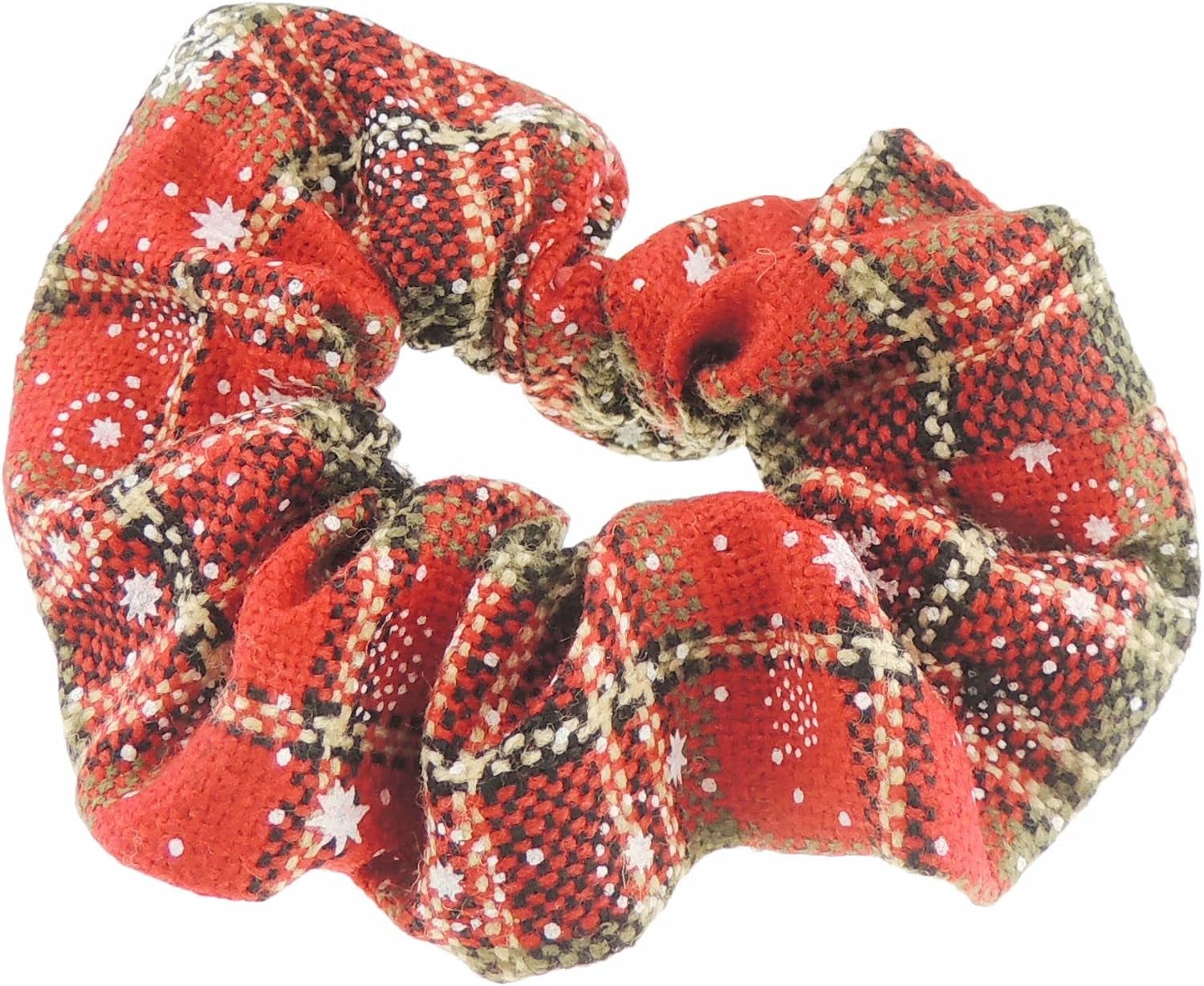 Festive Womens Girls Fabric Snowflake Tartan Plaid Tinsel School Christmas Party Bag Ponio Rope Hair Tie Up Back Elastic Accessories Bobbles Ponytail Holder Rubber Bands Scrunchie (Red Beige Stars)